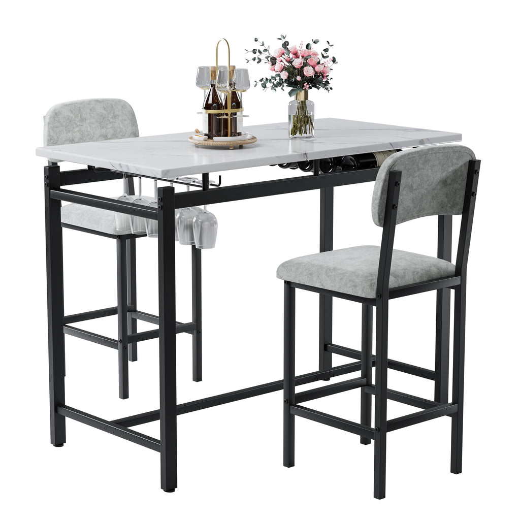 Modern Dining Table and Chairs for 2, Marble Finishes Dining Table Set with 2 Upholstered Chairs, Kitchen Table Set Bar Pub Set for Breakfast Nook, Dining Room, Rustic Black, Grey Chair - Grand Goldman Shop