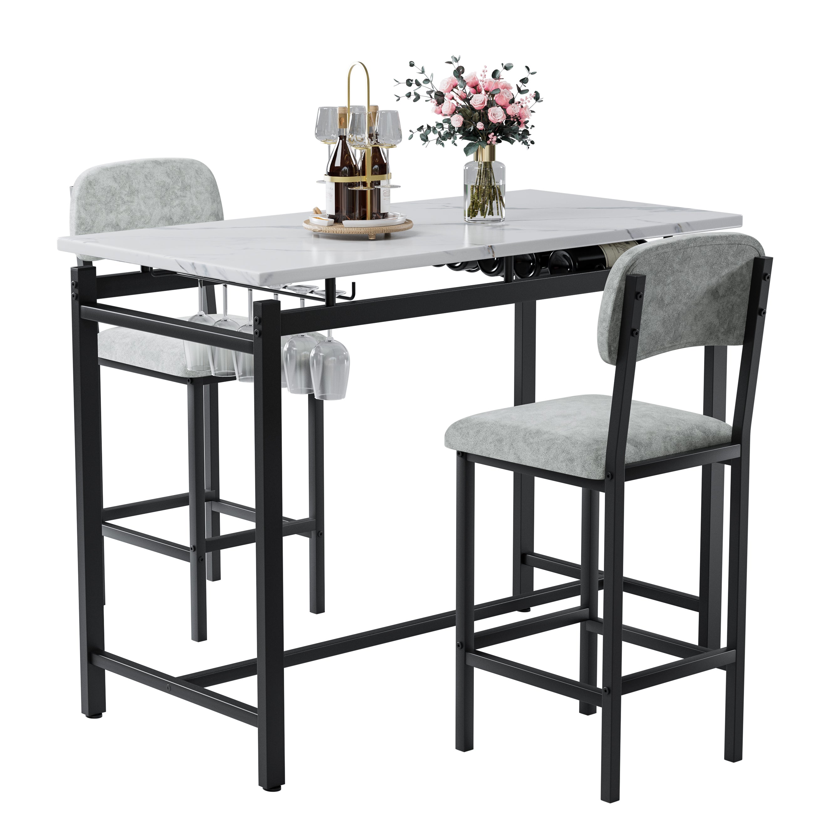 Modern Dining Table and Chairs for 2, Marble Finishes Dining Table Set with 2 Upholstered Chairs, Kitchen Table Set Bar Pub Set for Breakfast Nook, Dining Room, Rustic Black, Grey Chair - Grand Goldman Shop
