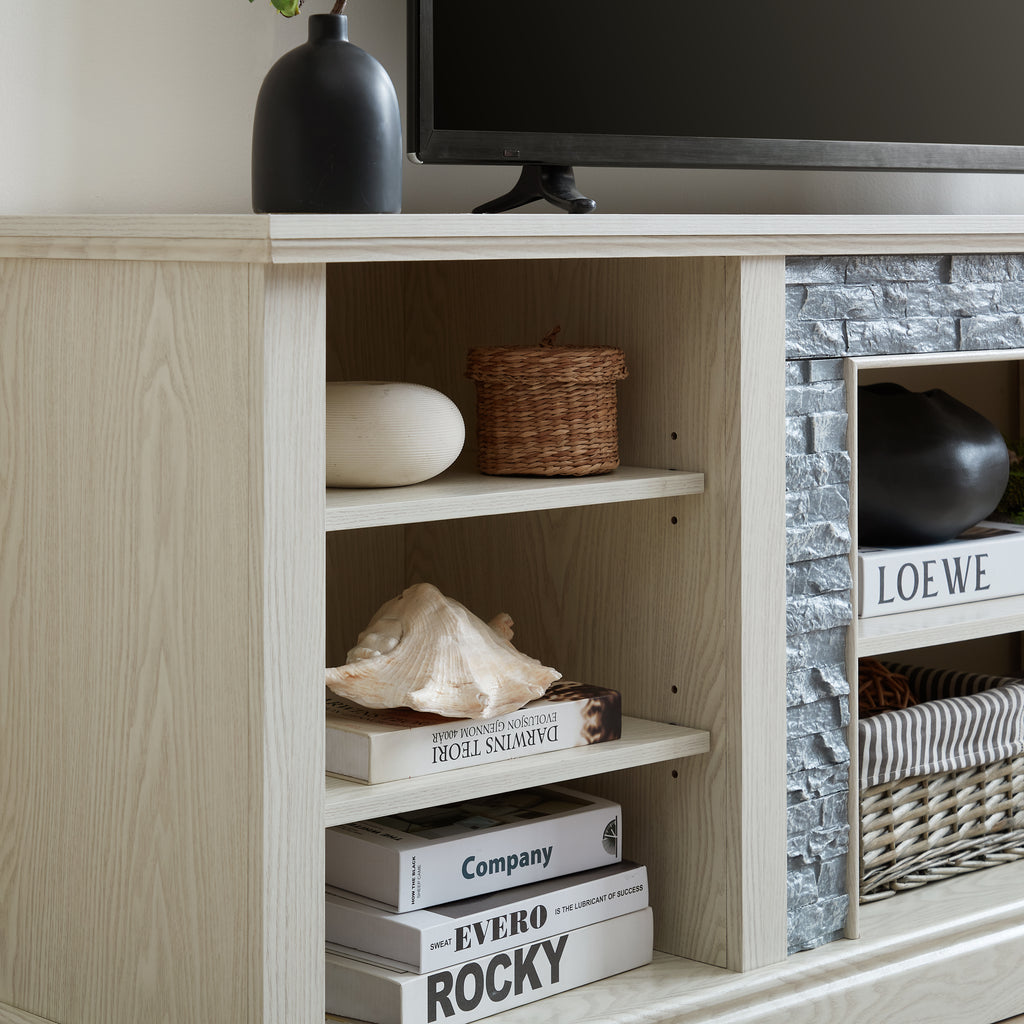 Large TV Desk Storage Rack with Faux Stacked Stone Surround,Media Console Table with Large Storage Cabinet,Modern TV Media Entertaionment Stand,WHITE, 70.12'W*15.35'D*25.83'H - Grand Goldman Shop
