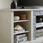 Large TV Desk Storage Rack with Faux Stacked Stone Surround,Media Console Table with Large Storage Cabinet,Modern TV Media Entertaionment Stand,WHITE, 70.12'W*15.35'D*25.83'H - Grand Goldman Shop