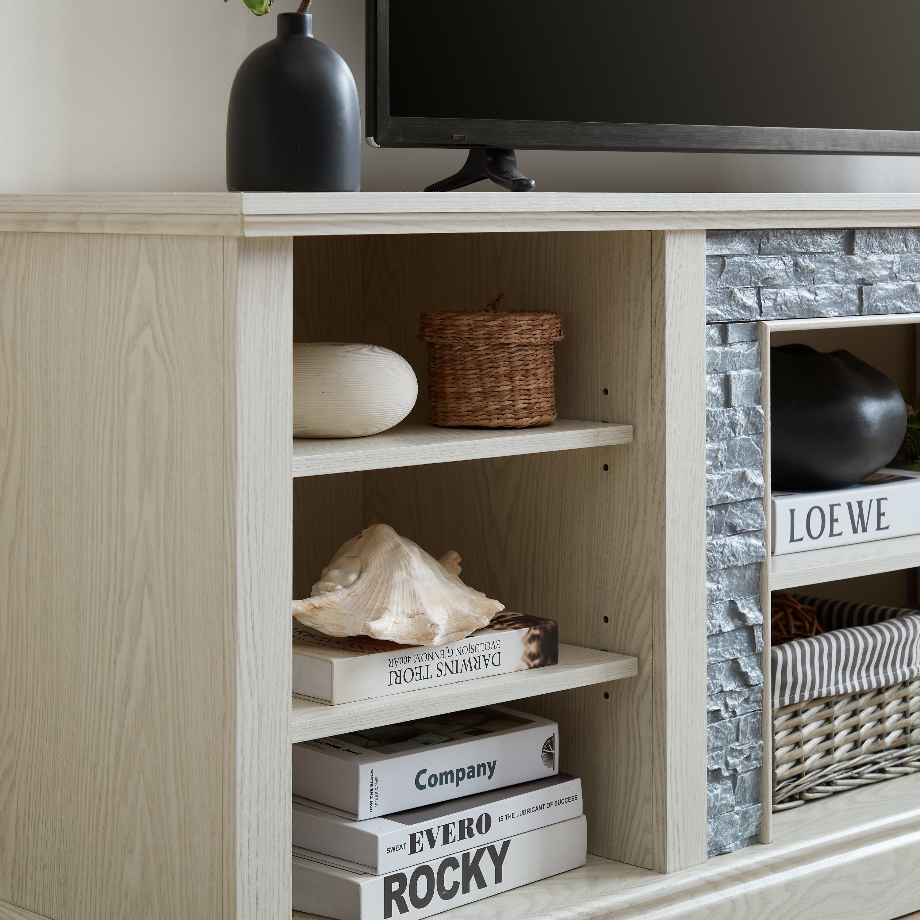 Large TV Desk Storage Rack with Faux Stacked Stone Surround,Media Console Table with Large Storage Cabinet,Modern TV Media Entertaionment Stand,WHITE, 70.12'W*15.35'D*25.83'H - Grand Goldman Shop