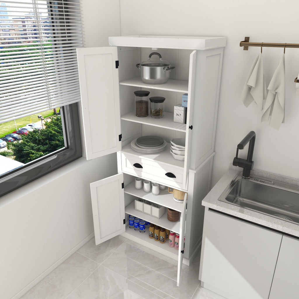 71' Kitchen Pantry Storage Cabinet , with 4 Doors, Drawer, 2 Adjustable Shelves, Freestanding Cupboard for Dining Room Living Room, Laundry-White - Grand Goldman Shop