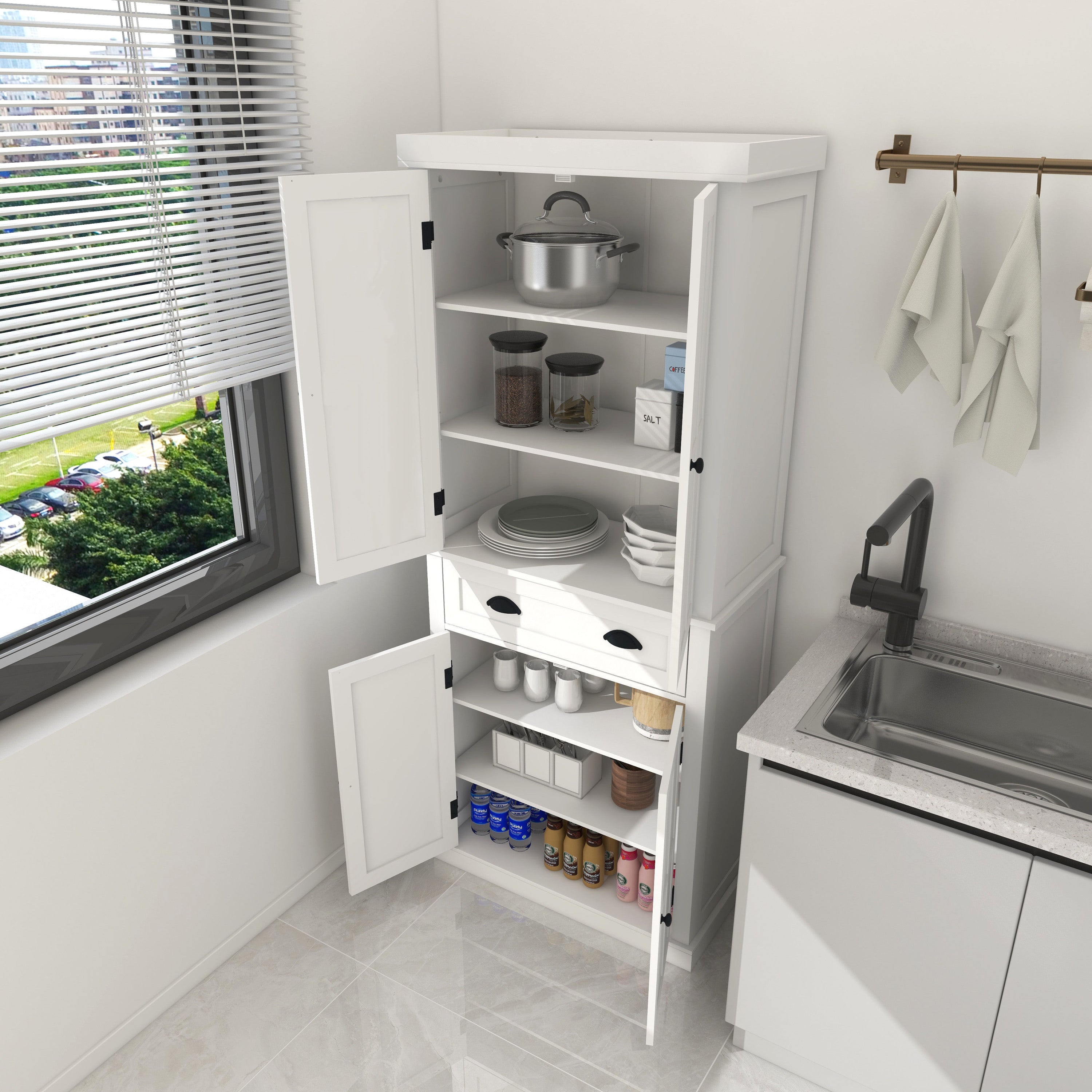71' Kitchen Pantry Storage Cabinet , with 4 Doors, Drawer, 2 Adjustable Shelves, Freestanding Cupboard for Dining Room Living Room, Laundry-White - Grand Goldman Shop