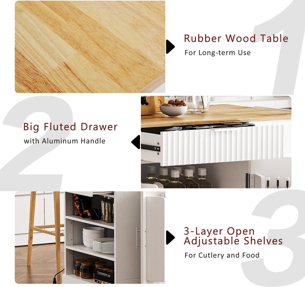 K&K Fluted Kitchen Island with Trash Can Storage Cabinet, Power Outlet, Internal Storage Rack, Rolling Kitchen Islands on 5 Wheels with 3 Drawer, 3 Open Side Racks for 10 Gallon Garbage Bin, White - Grand Goldman Shop