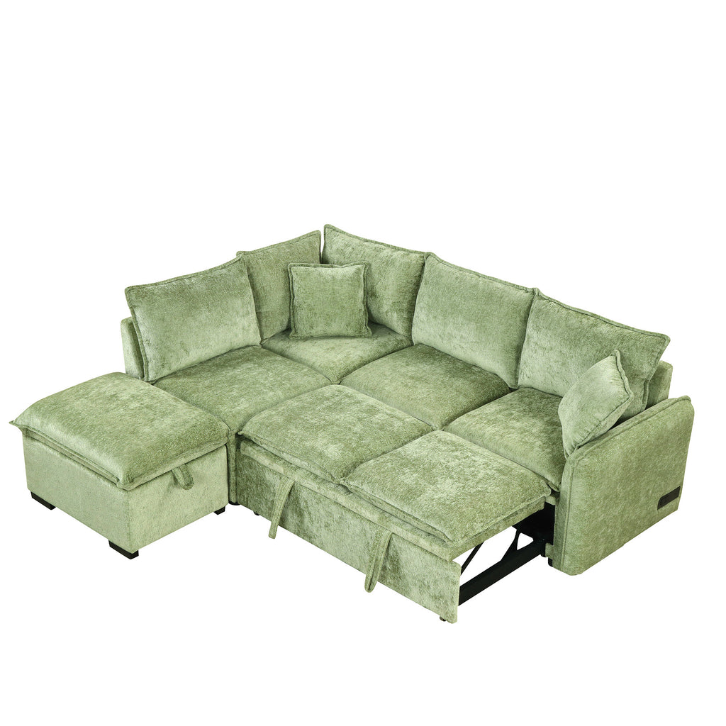 Convertible Sofa Bed Sectional Sofa Sleeper with Storage Ottoman, Green Chenille, 82.67 inches - Grand Goldman Shop