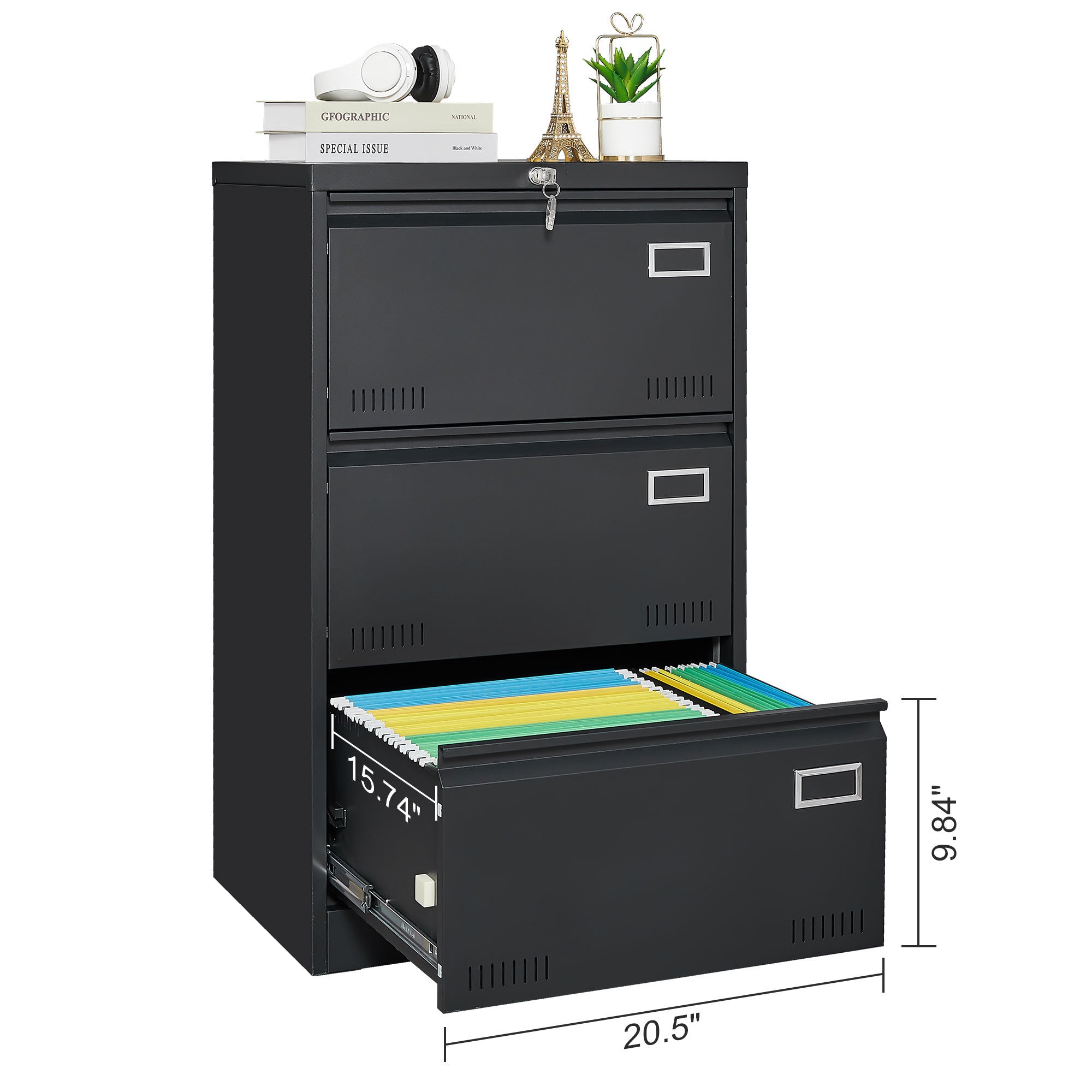Black Metal 3-Drawer Lateral Filing Cabinet with Lock for Home and Office | Premium Home Decor - Grand Goldman