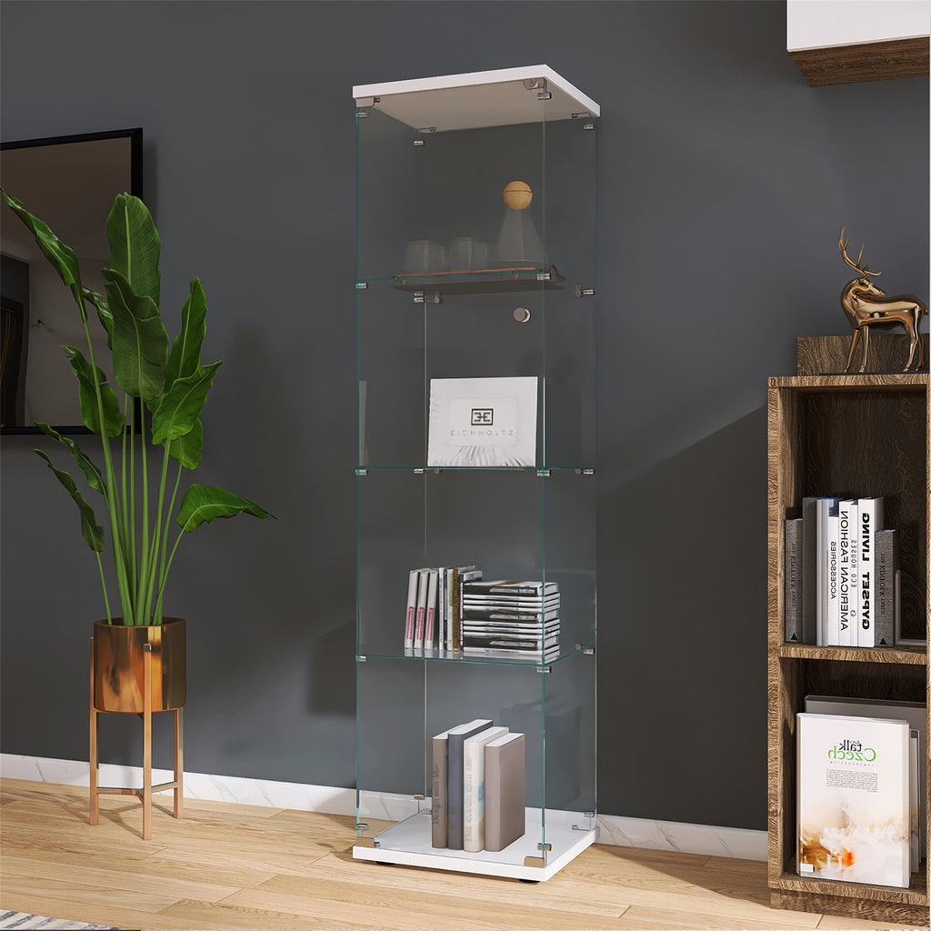 4 Shelves Glass Cabinet Glass Display Cabinet with One Door, White - Grand Goldman Shop