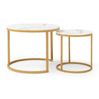 Set 2 Coffee Table Nesting White and gray top  Golden Frame Circular Round and Marble Pattern Wooden Tables, Living Room Bedroom Apartment Modern Industrial Simple Nightstand - Grand Goldman Shop