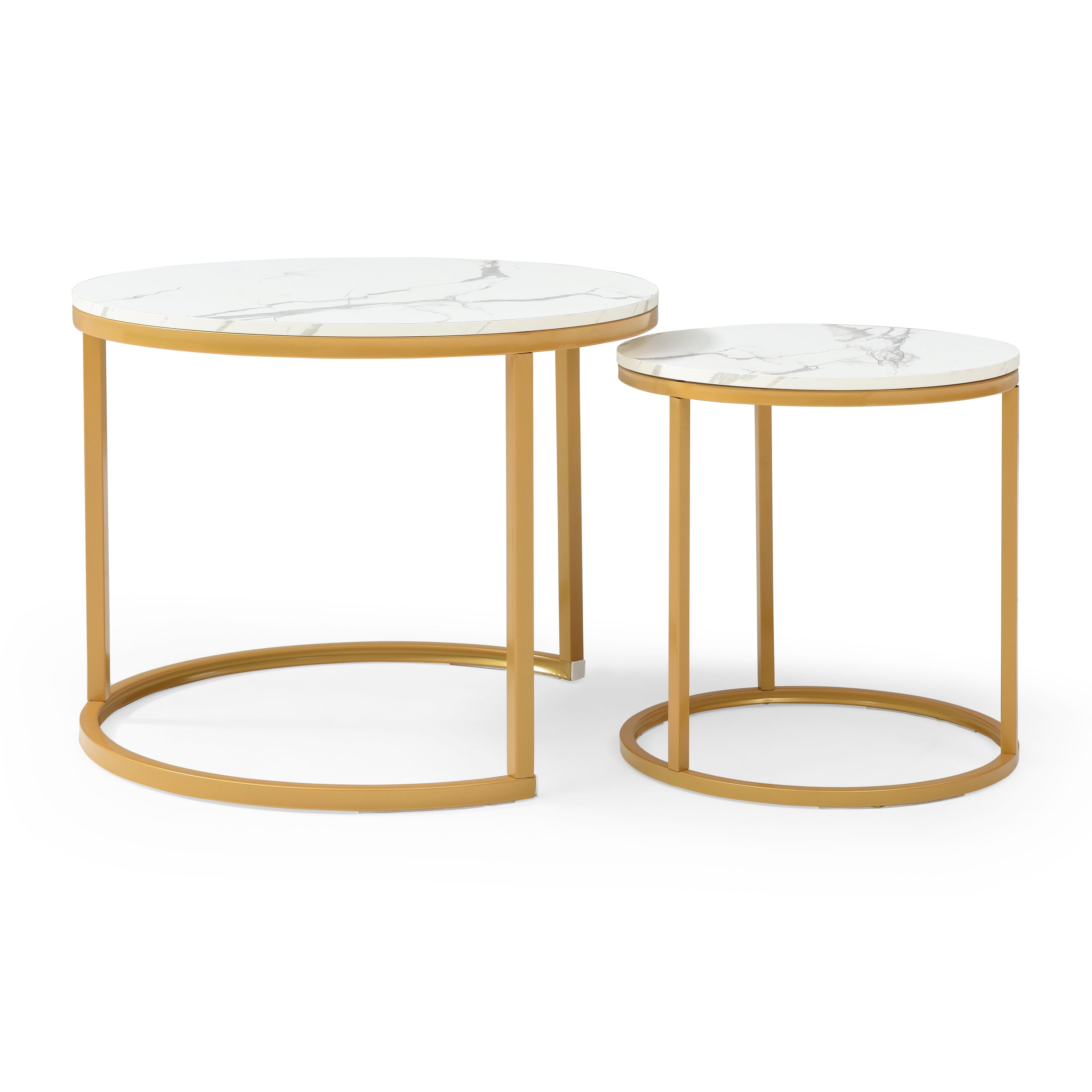 Set 2 Coffee Table Nesting White and gray top  Golden Frame Circular Round and Marble Pattern Wooden Tables, Living Room Bedroom Apartment Modern Industrial Simple Nightstand - Grand Goldman Shop