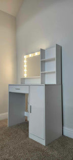 Vanity Desk with Mirror & Light, Large Drawer Three Level Storage Dresser, 3 Lighting Modes Adjustable Brightness, Bedroom Dressing Table(Pink) - Grand Goldman Shop
