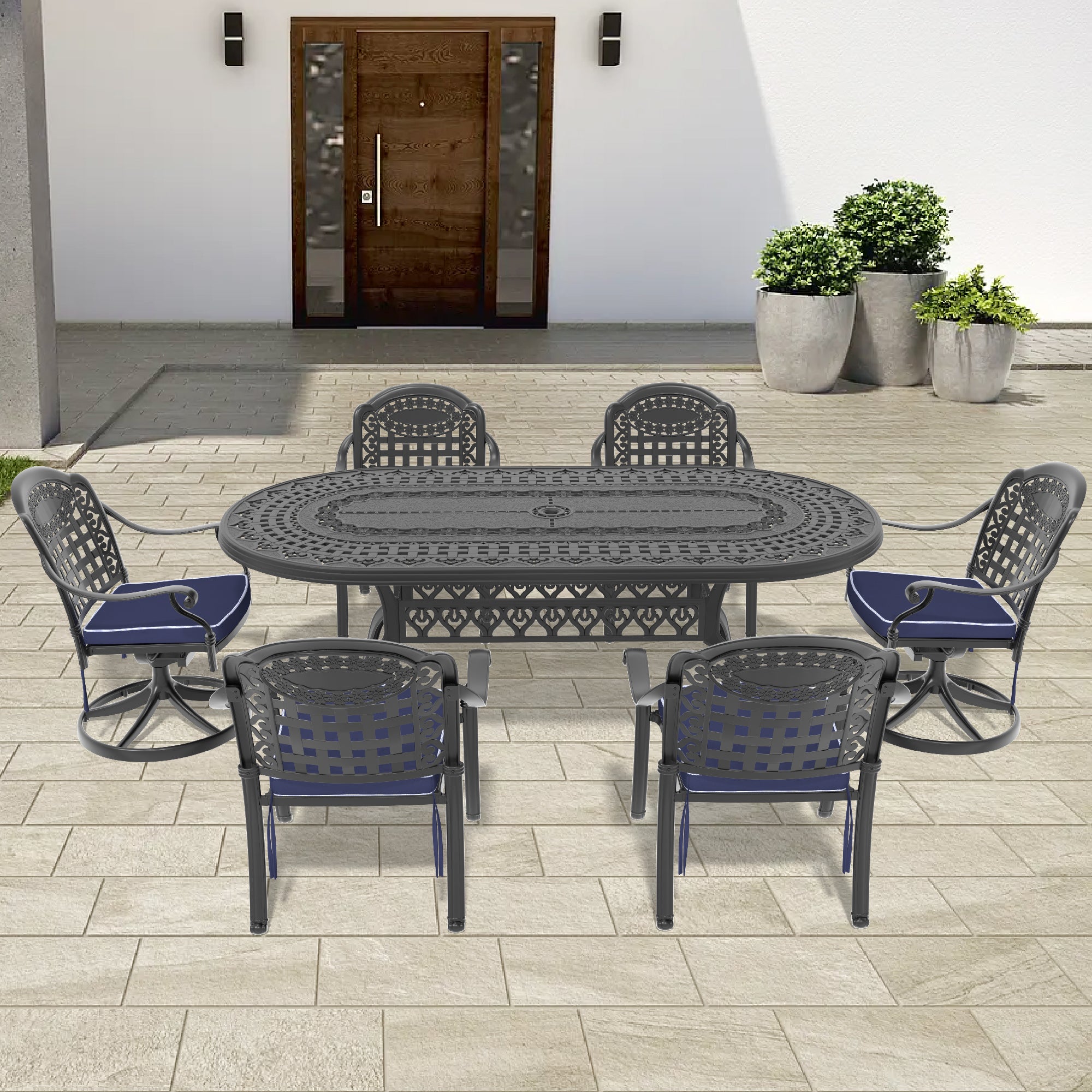 7-Piece All-Weather Cast Aluminum Dining Set, Include 2 Swivel Chairs,4 Dining Chairs and Oval Table With Black Frame (same sku:W1710S00392 , W1710S00599)