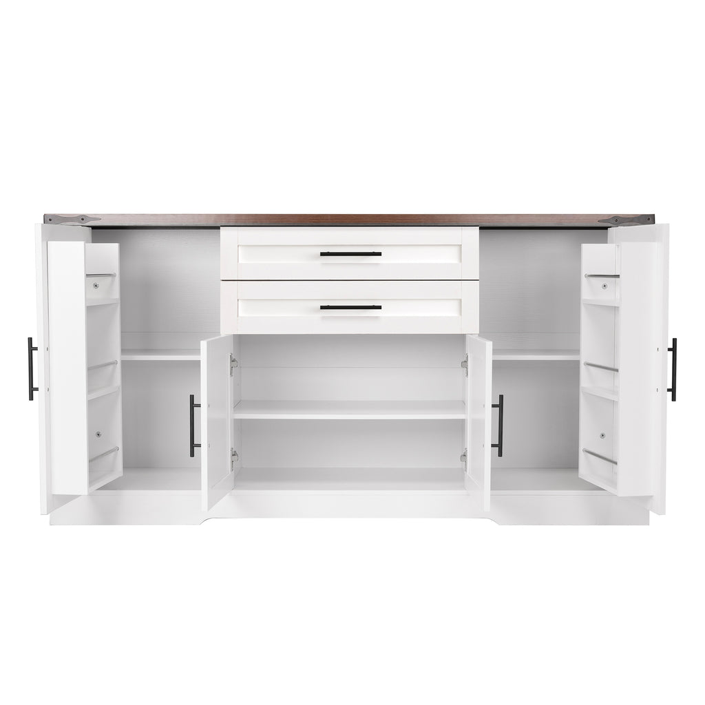 White Farmhouse Barn Door Storage Cabinet with 2 Drawers & Door Rack, Adjustable Shelves, MDF Construction, 63.11' L x 15.75' W x 32.09' H - Grand Goldman Shop