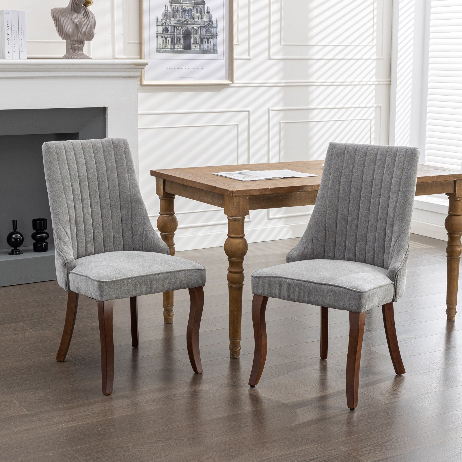 Rayon Cloth Flocking Linen Dining Chairs Channel Kitchen Dinner Chair Comfy Fabric Upholstered Accent Chair for Dining Room with Curved Solid Wood Legs,Set of 2 (Gray), SW1847GY - Grand Goldman Shop