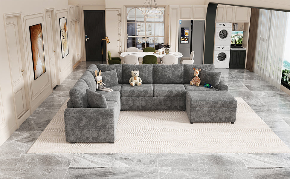 Modern Sectional Sofa Pull-out Sleeper with Storage Ottoman, USB Charging, Grey Tweed Chenille, 112.2' - Grand Goldman Shop