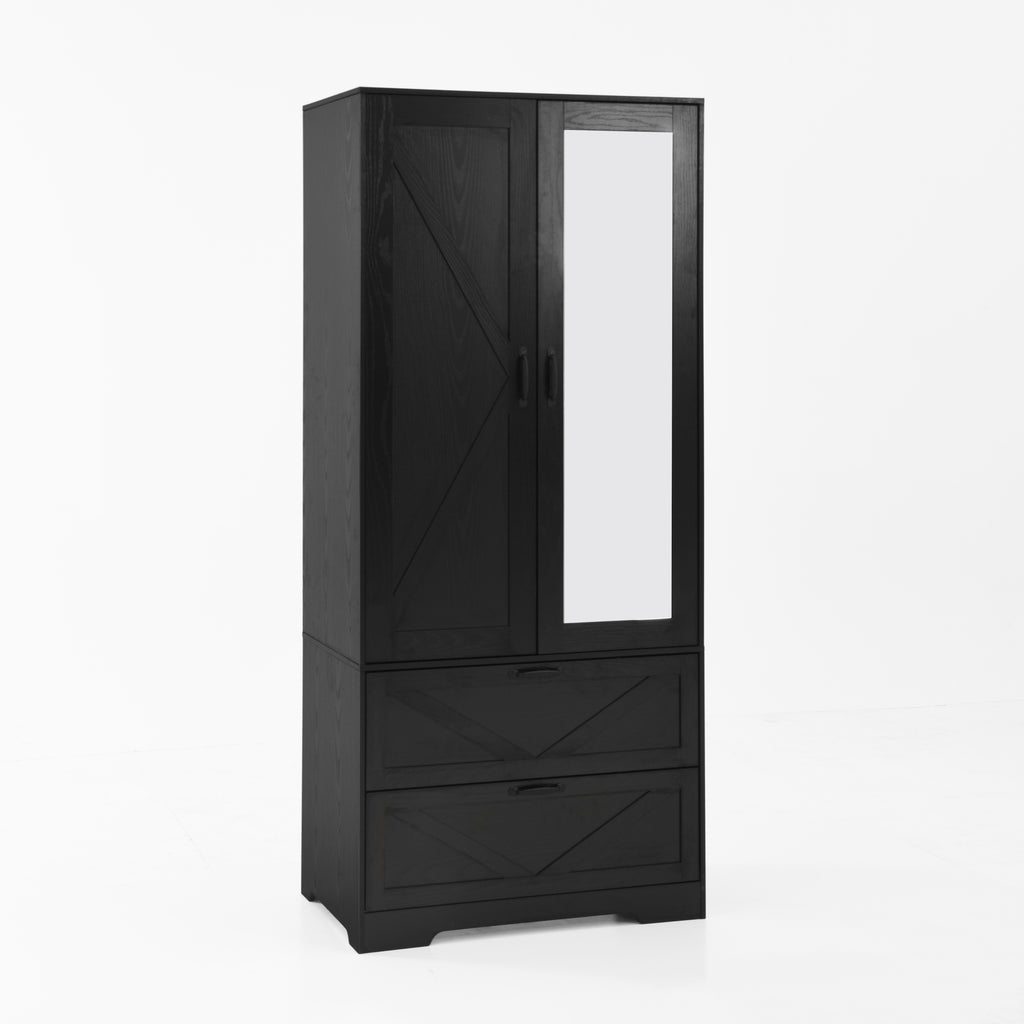 2 Door Wood Wardrobe for Bedroom with Hanging Clothing Rod inside the Cabinet and 2 Drawers for Storage Organization, Built-in induction light Multifunctional Closet with Mirror, Black - Grand Goldman Shop
