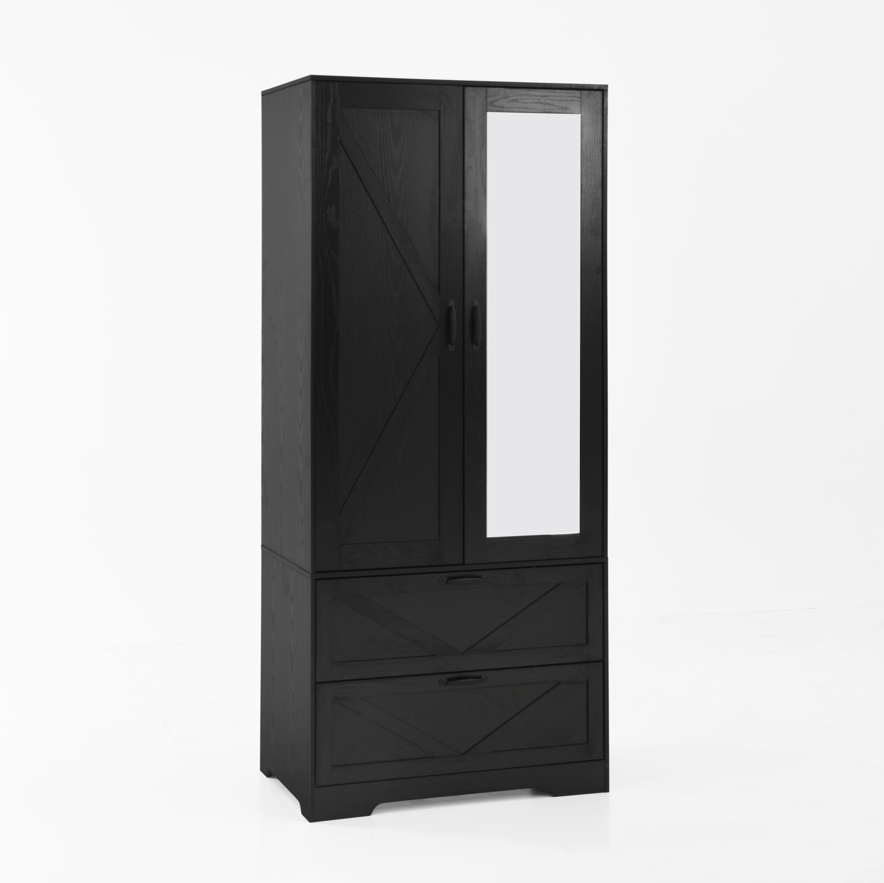 2 Door Wood Wardrobe for Bedroom with Hanging Clothing Rod inside the Cabinet and 2 Drawers for Storage Organization, Built-in induction light Multifunctional Closet with Mirror, Black - Grand Goldman Shop