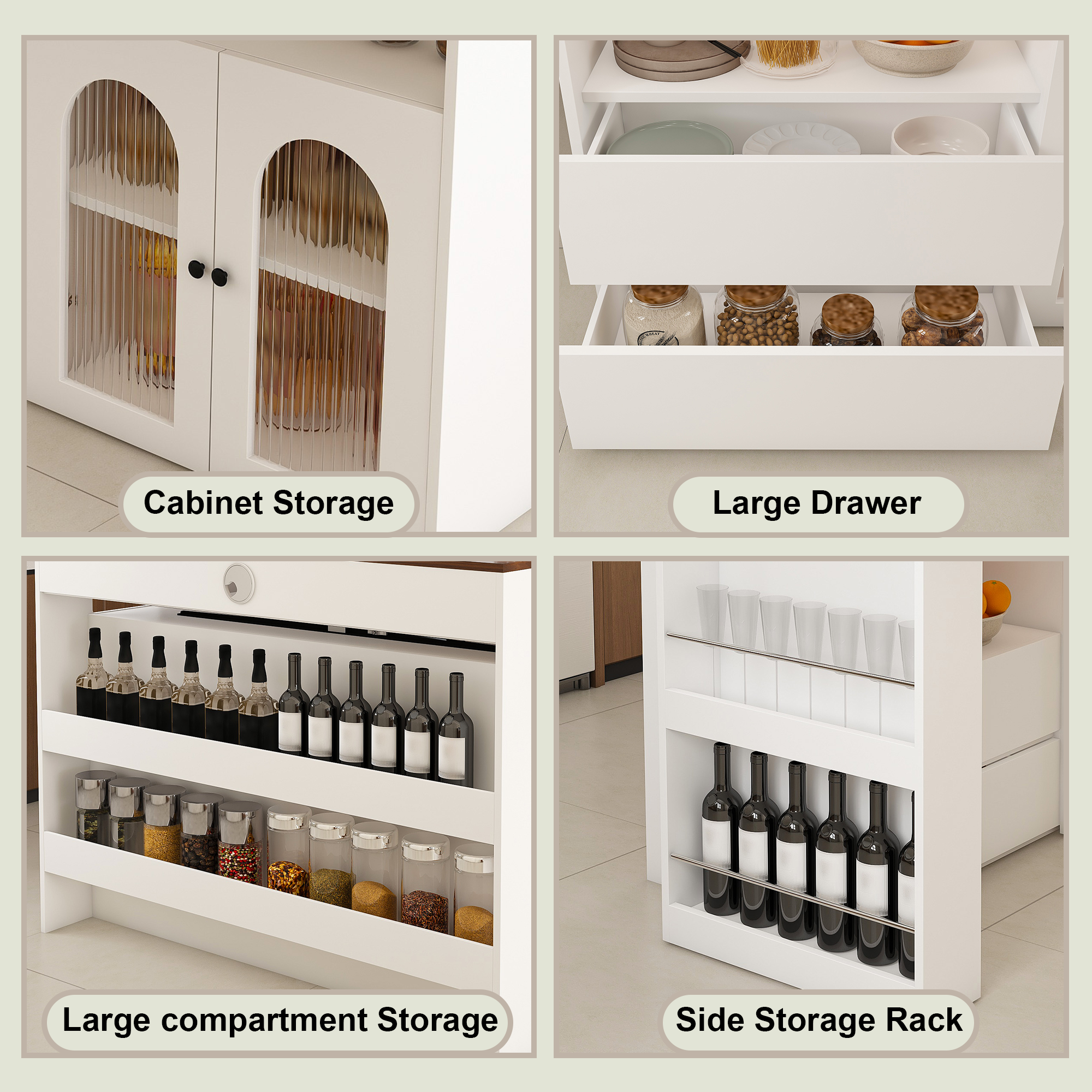Kitchen Island with Extendable & Rotating Table, MDF with Walnut Veneer Retro Design, 4 Drawers & Glass Door Cabinets with Built-in Socket, Expandable Dining Station for 2-4 Person - Grand Goldman Shop
