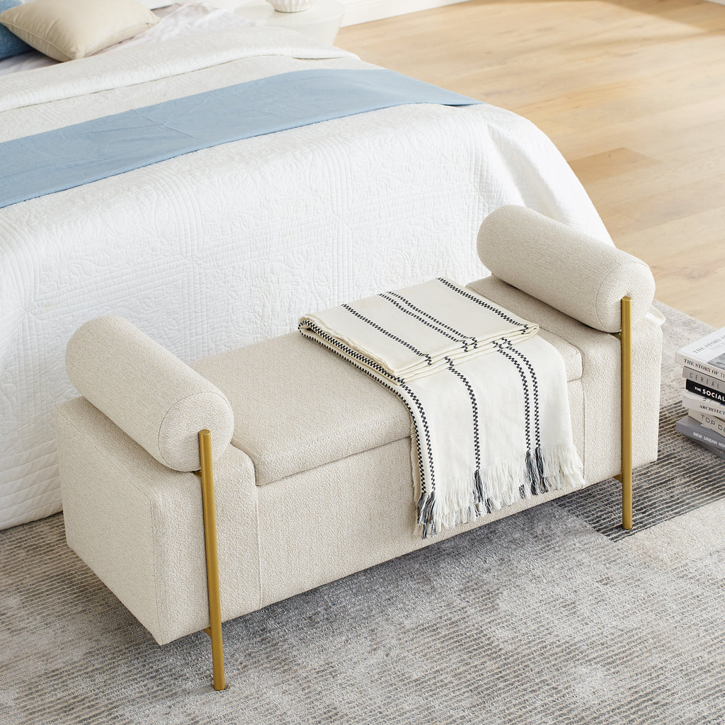 Elegant Upholstered Linen Storage Bench with Cylindrical Arms and Iron Legs, Beige - Grand Goldman Shop