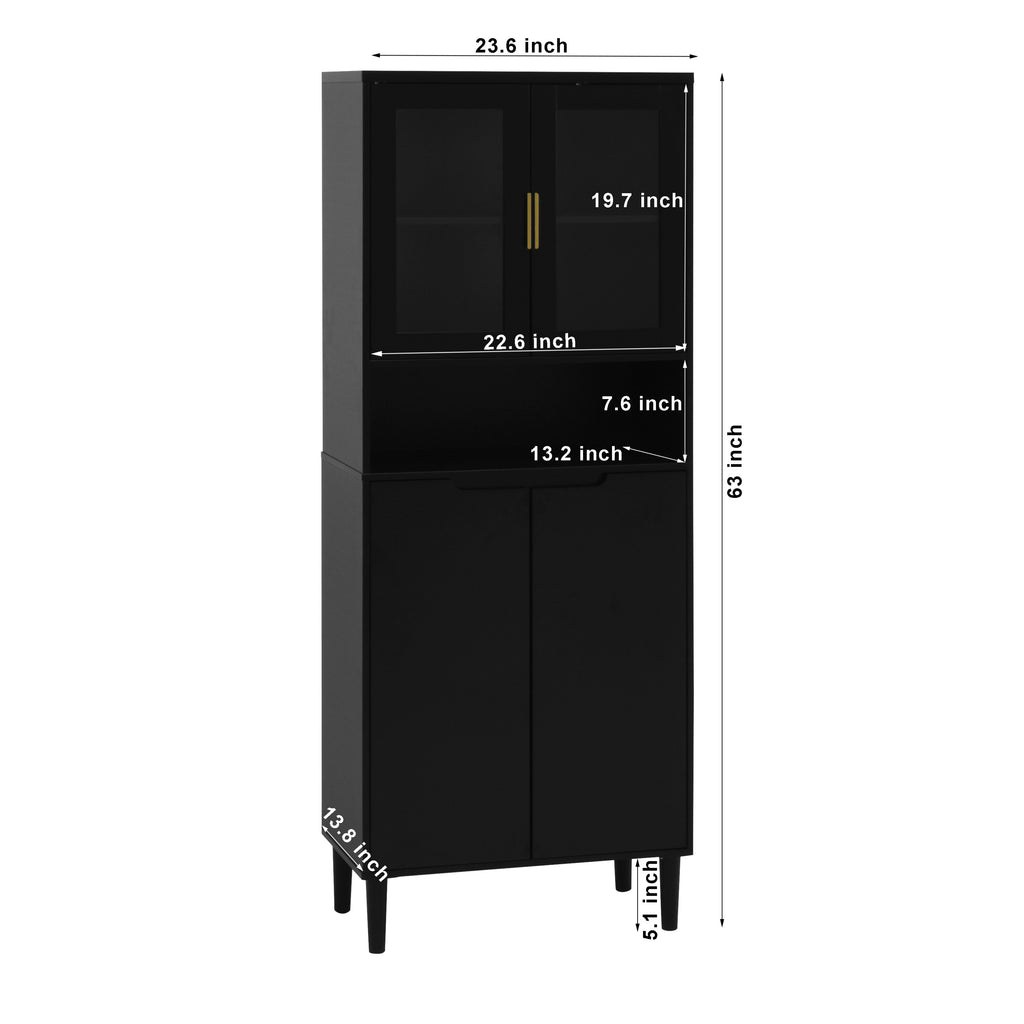 Tempered Glass Door Tall Storage Bookcase with adjustable board, 4 doors MDF painting finished cabinet, Black, Living room Bedroom storage - Grand Goldman Shop