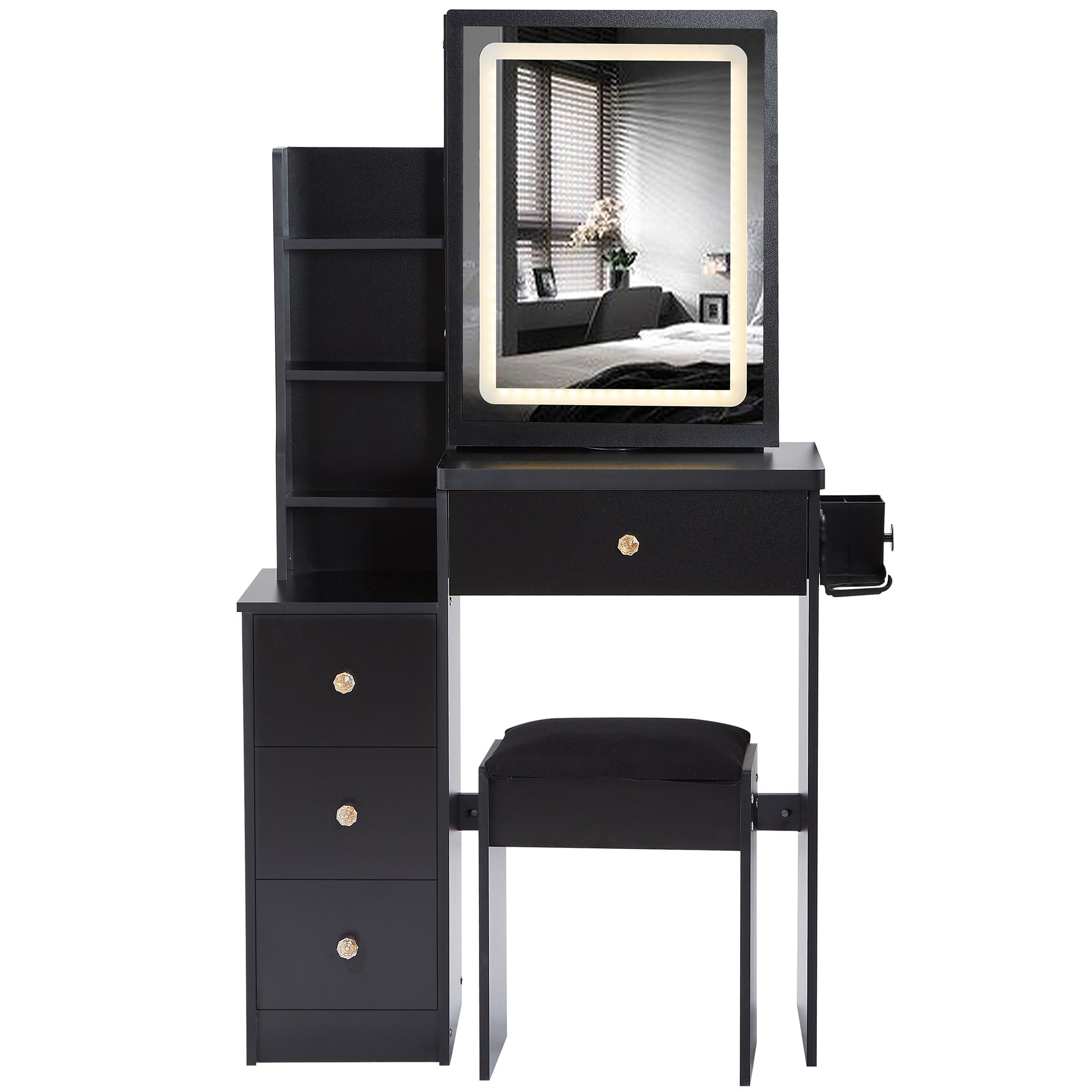 29.2' Small Size Bedside Cabinet Vanity Table + Cushioned Stool, 2 AC+2 USB Power Station, Hair dryer bracket, Extra Large Touch Control Sliding LED Mirror, 3-color Switching, EPA, GCC, UL Certificate - Grand Goldman Shop