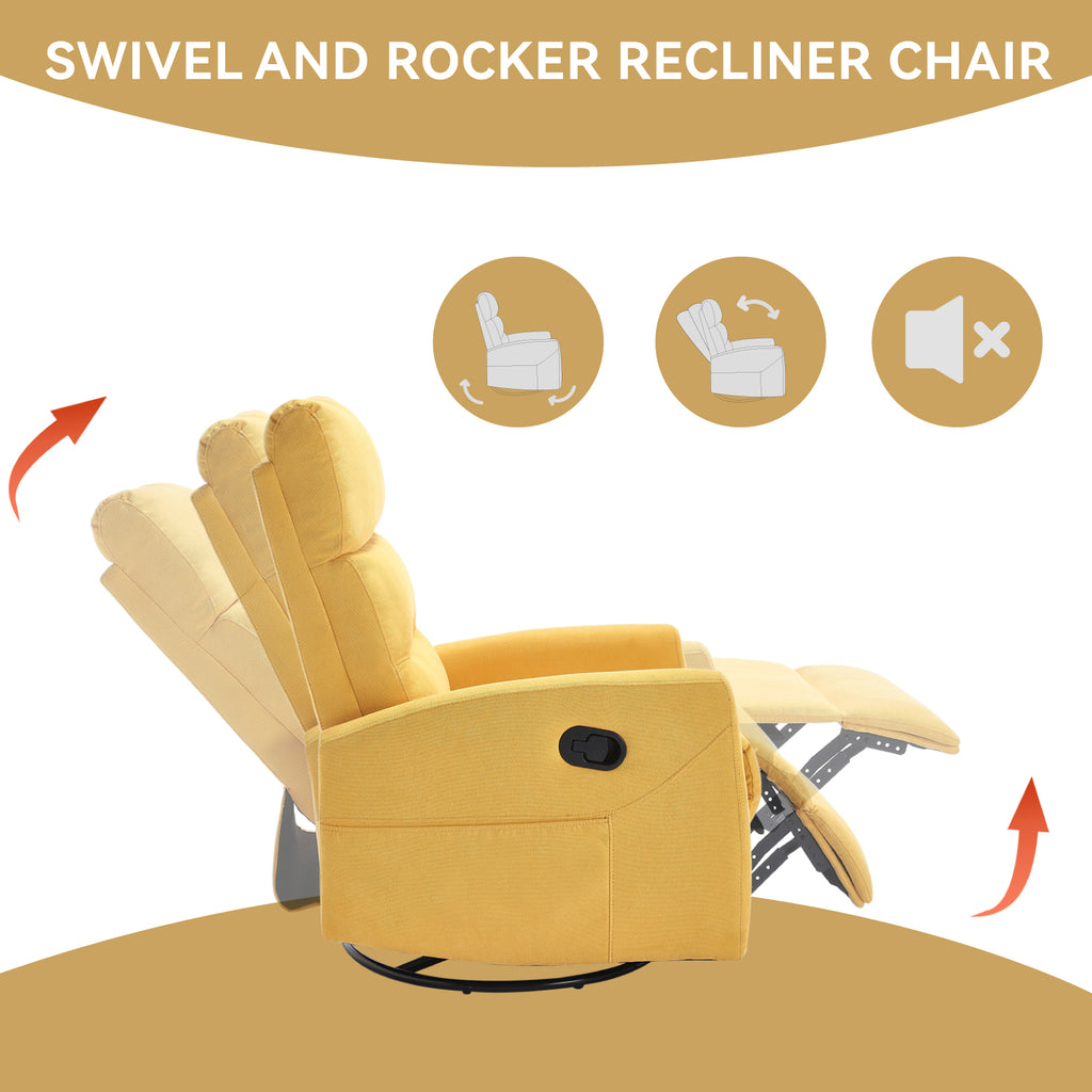 Manual Recliner Chair with Rocker and Swivel in Fabric for Living Room, Yellow - Grand Goldman Shop