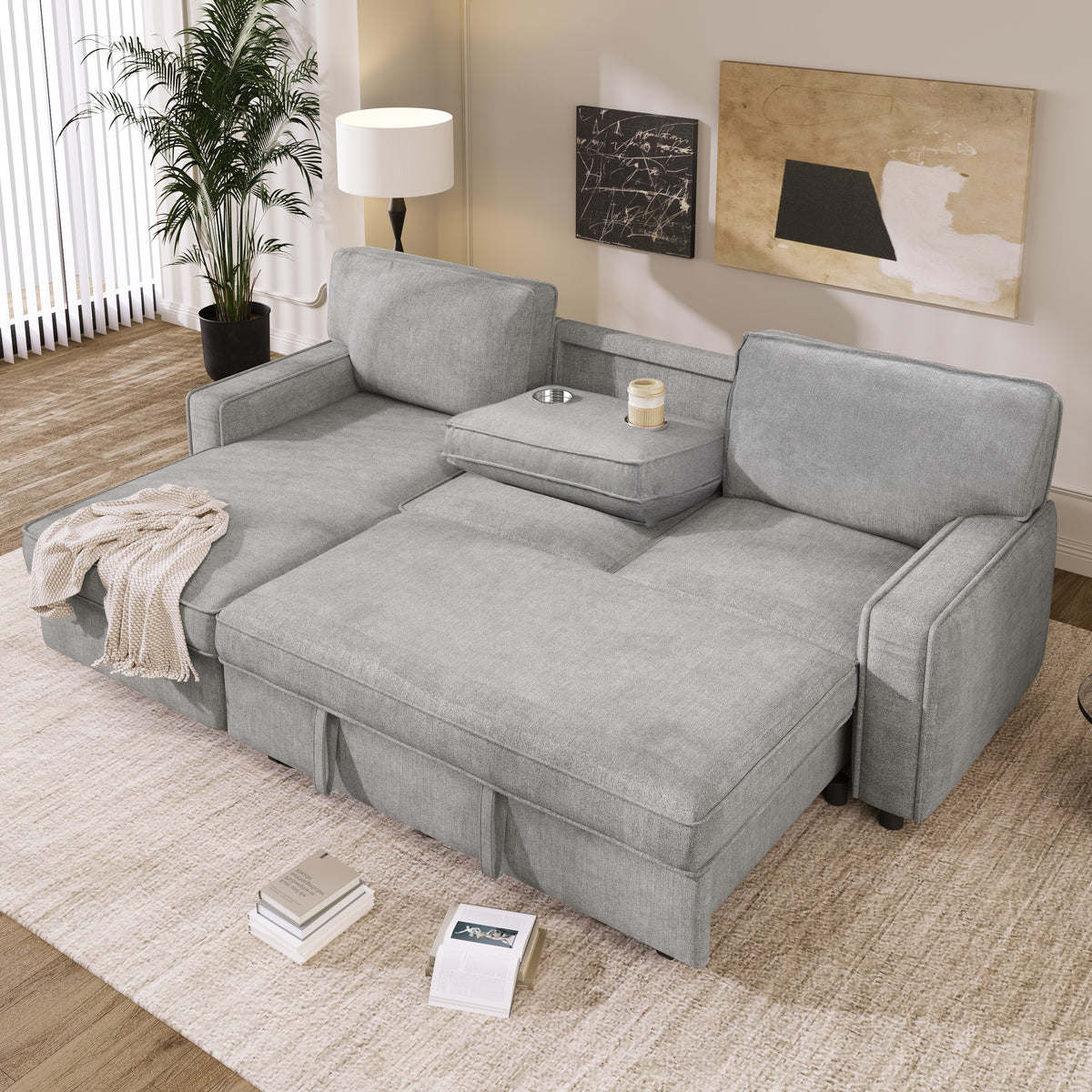 U_STYLE Upholstery Sleeper Sectional Sofa with Storage Space, USB port, 2 cup holders on Back Cushions(same sku; WY000335AAE) - Grand Goldman Shop