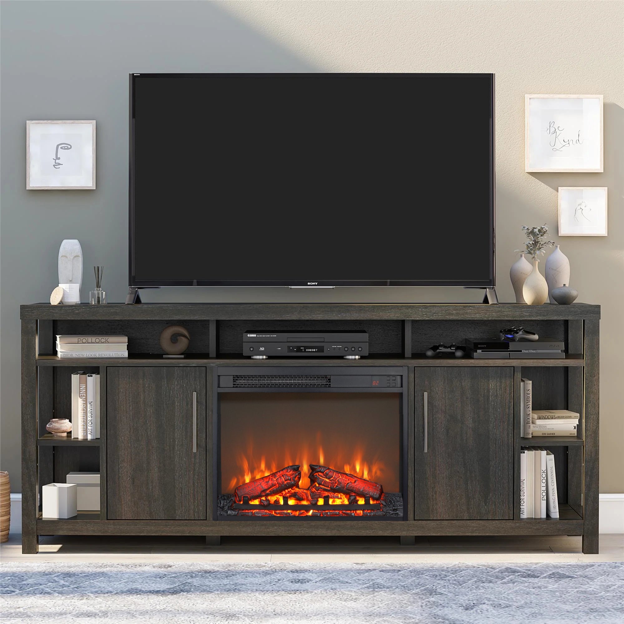 23 inch electric fireplace insert, ultra thin heater with log set & realistic flame, remote control with timer, overheating protection - Grand Goldman Shop