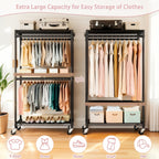 Heavy Duty Rolling Clothes Rack with 3 Tier Shelves, 2 Rails & Side Hooks, Adjustable Freestanding Organizer, Black Metal - Grand Goldman Shop