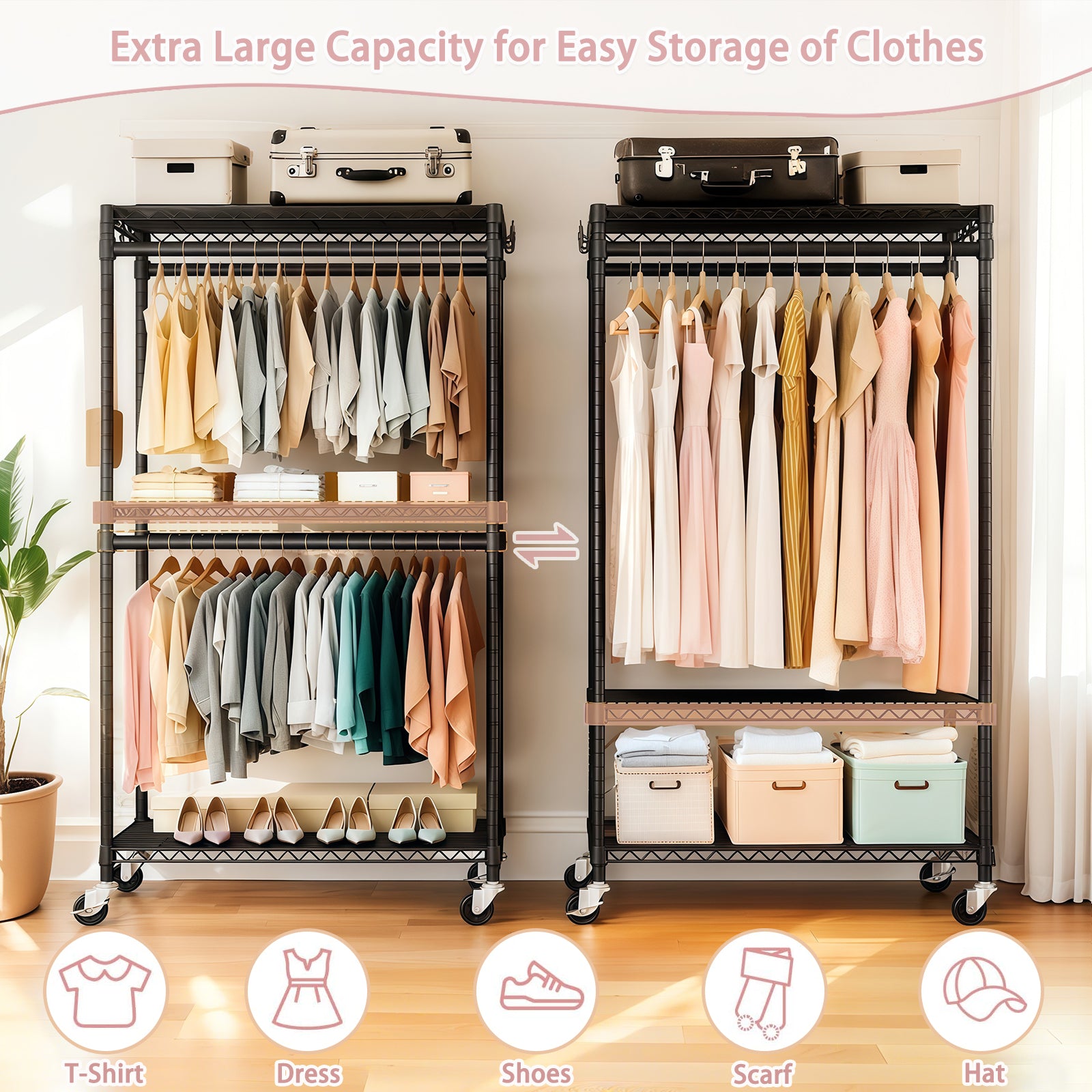 Heavy Duty Rolling Clothes Rack with 3 Tier Shelves, 2 Rails & Side Hooks, Adjustable Freestanding Organizer, Black Metal - Grand Goldman Shop