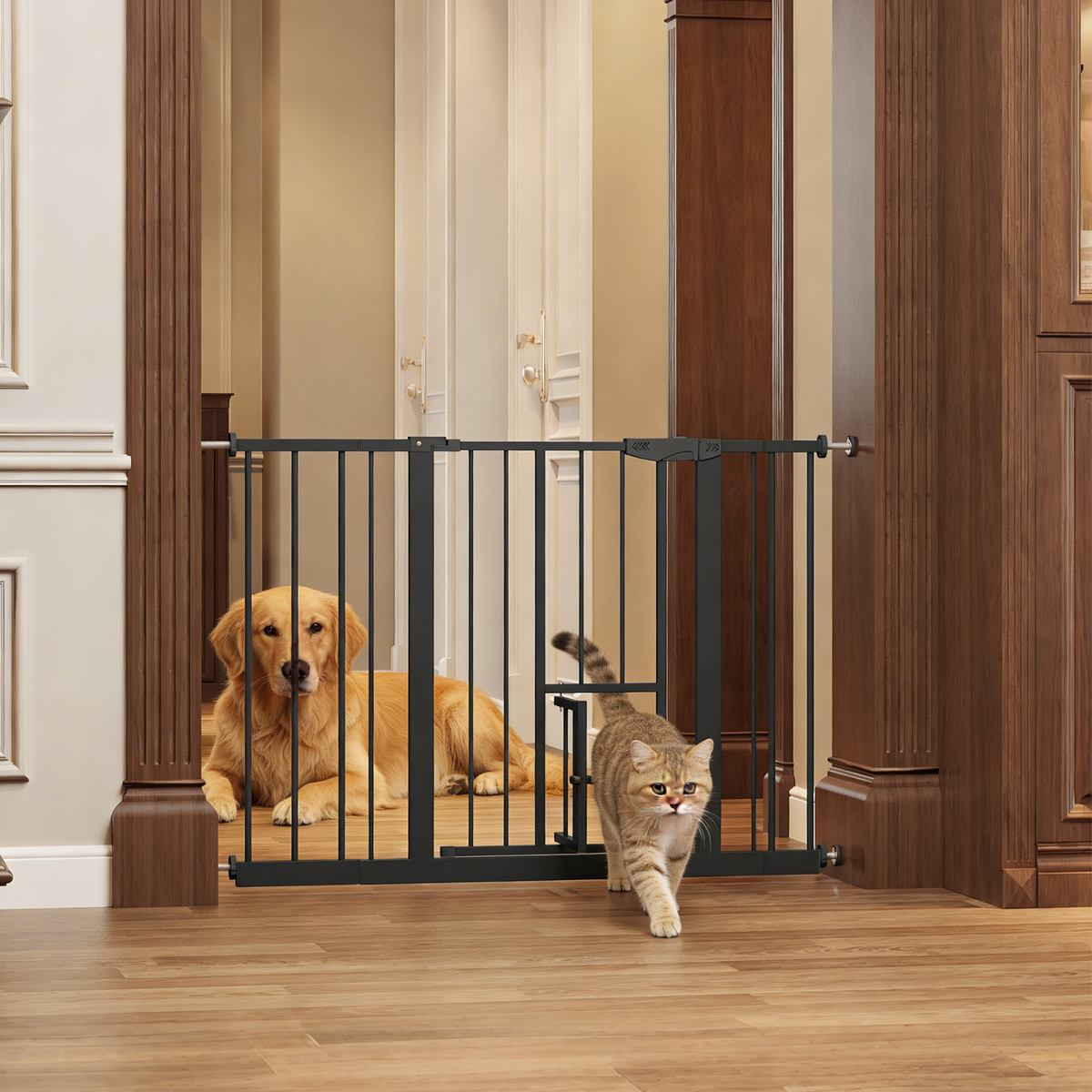 Baby Gate with Cat Door, 29.5-44.1' Metal Pet Door for Stairs & Doorways,Pressure Mounted,No Tools Needed, Black - Grand Gold