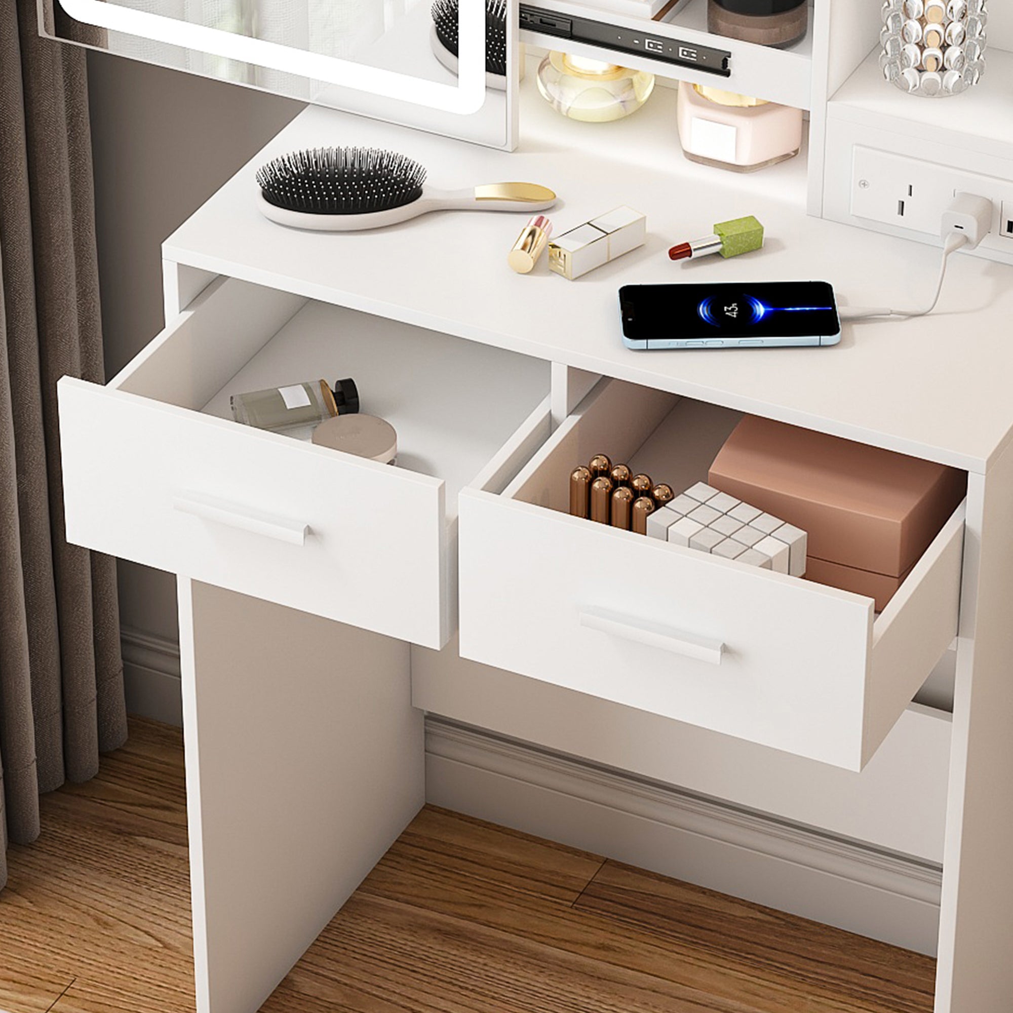 Space-Saving White Makeup Vanity Desk with Mirror & Adjustable LED Lights, Built-in Power Outlet, Hidden Storage, Includes Stool & Shelf - Grand Goldman Shop