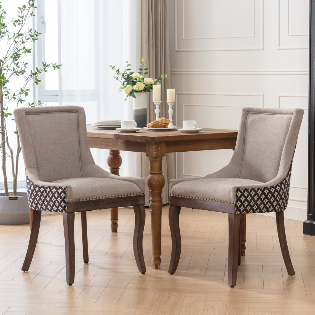A&A Furniture, Ultra Side Dining Chair, Thickened fabric chairs with neutrally toned solid wood legs, Bronze nail head, Set of 2, Beige and Patterned,SW2207BG - Grand Goldman Shop