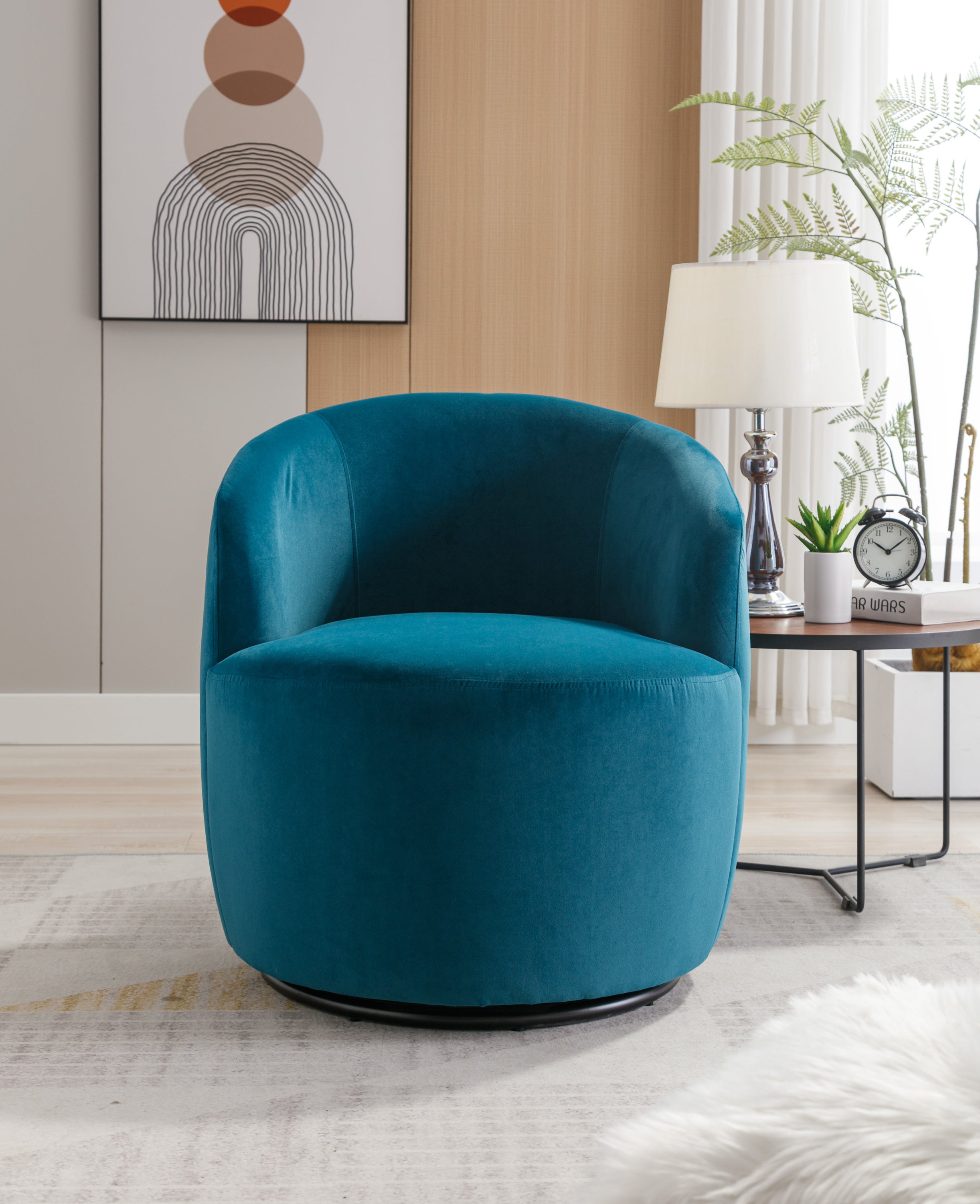 Velvet Fabric Swivel Accent Armchair Barrel Chair With Black Powder Coating Metal Ring,Teal - Grand Goldman Shop