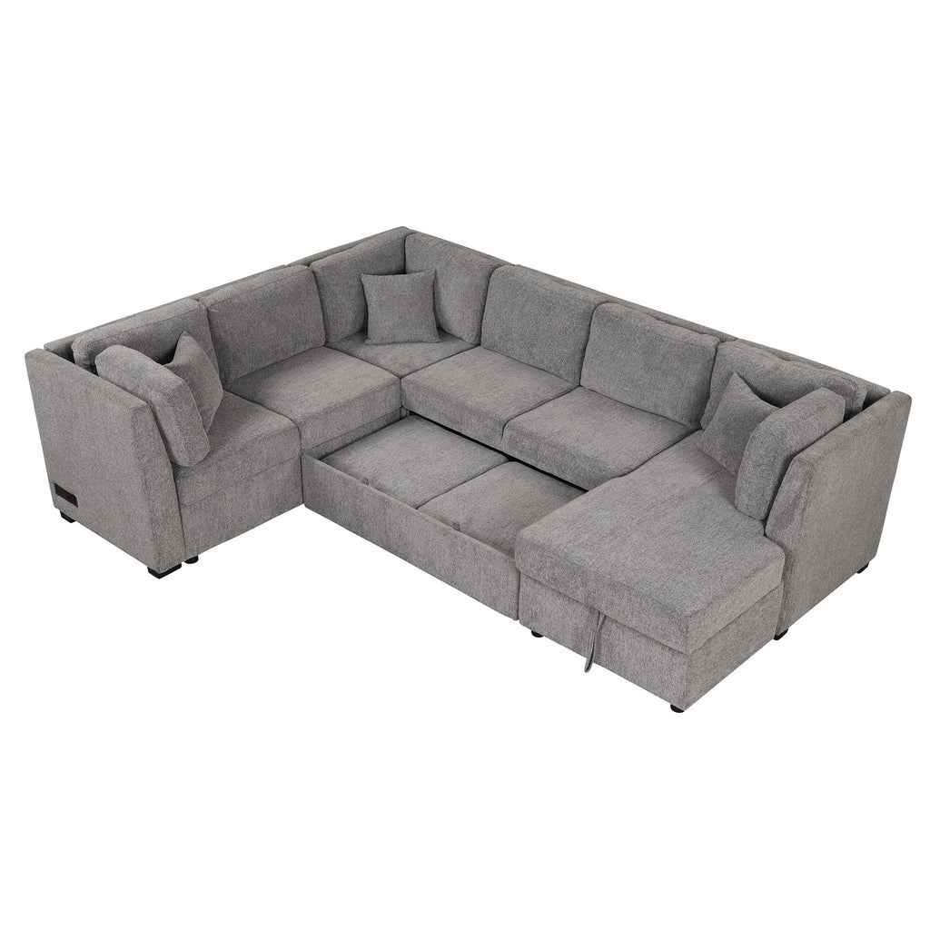 U-shaped Sectional Sofa Pull out Sofa Bed with USB Ports, Power Sockets, Storage Chaise, Light Gray Chenille, 108.6' - Grand Goldman Shop