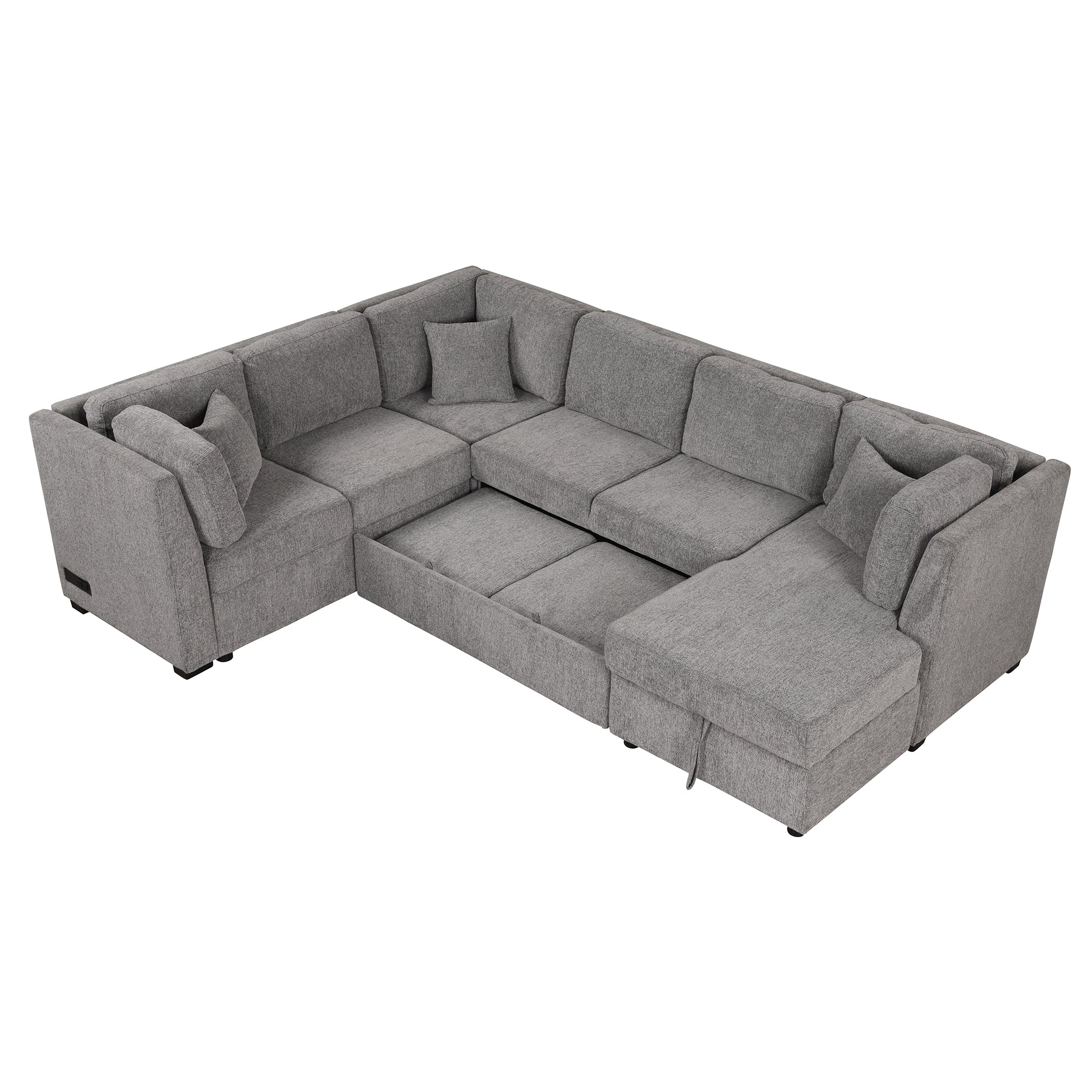 U-shaped Sectional Sofa Pull out Sofa Bed with USB Ports, Power Sockets, Storage Chaise, Light Gray Chenille, 108.6' - Grand Goldman Shop