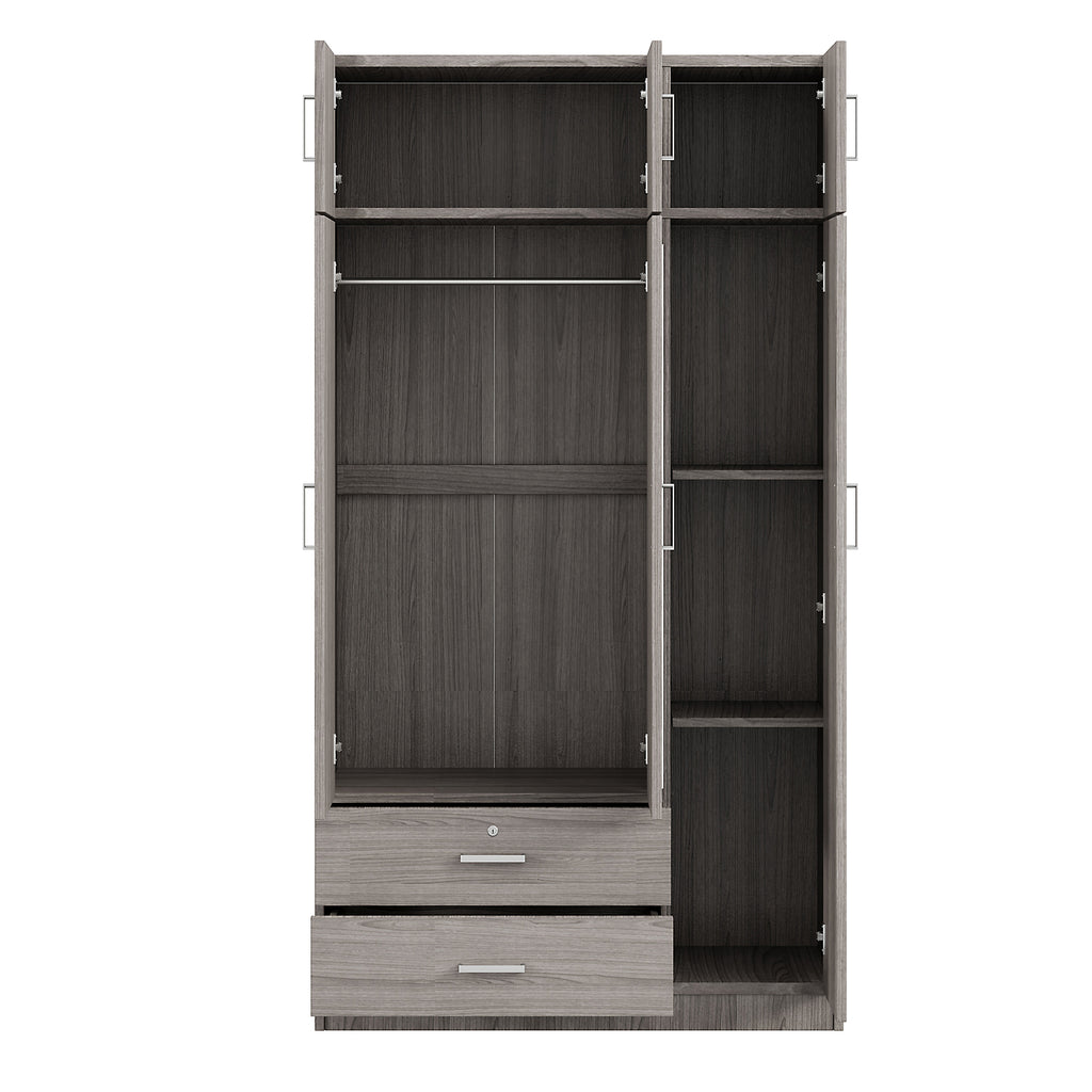 Modern Gray 3-Door Mirror Wardrobe with 2 Drawers and Top Cabinet, Particle Board - Grand Goldman Shop