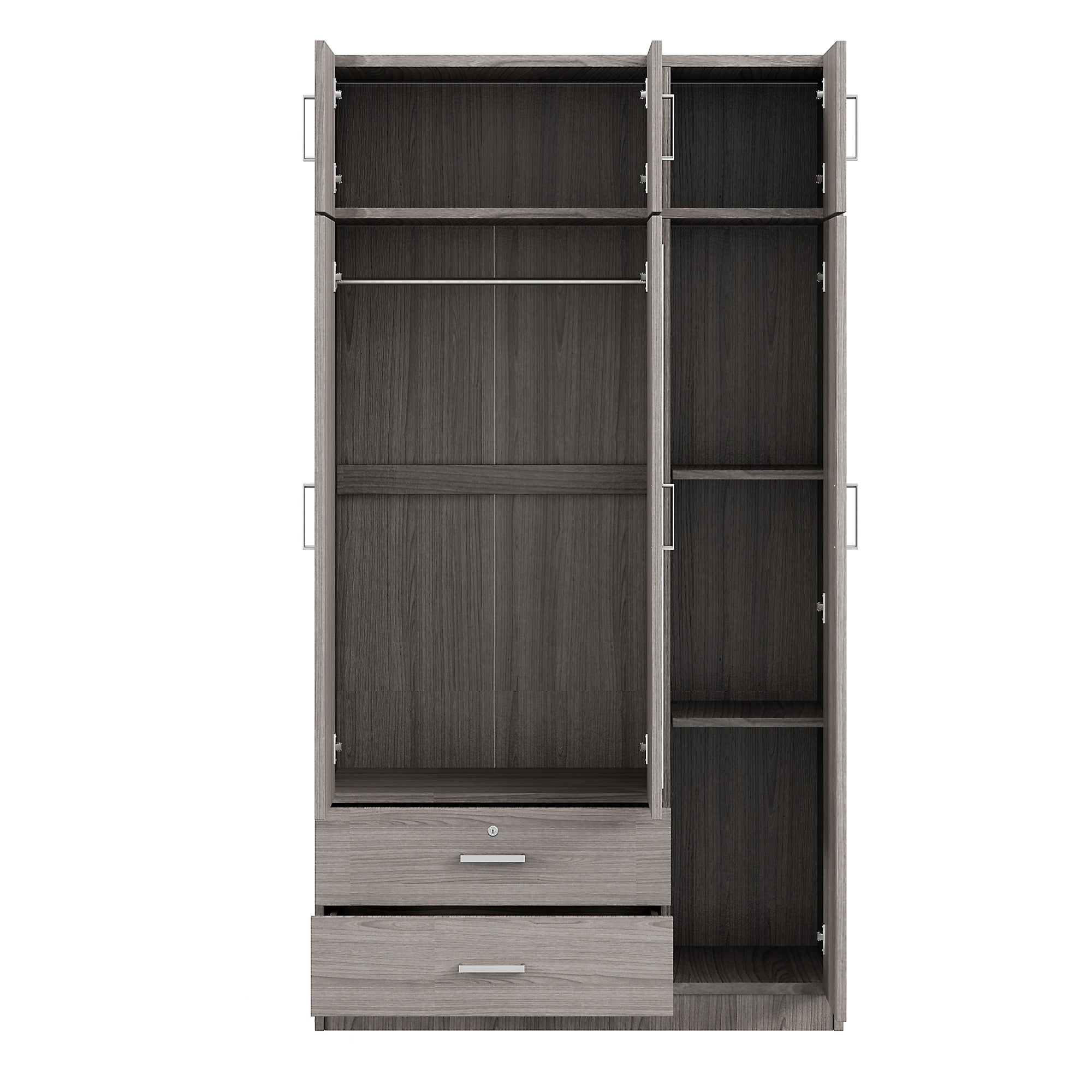 Modern Gray 3-Door Mirror Wardrobe with 2 Drawers and Top Cabinet, Particle Board - Grand Goldman Shop