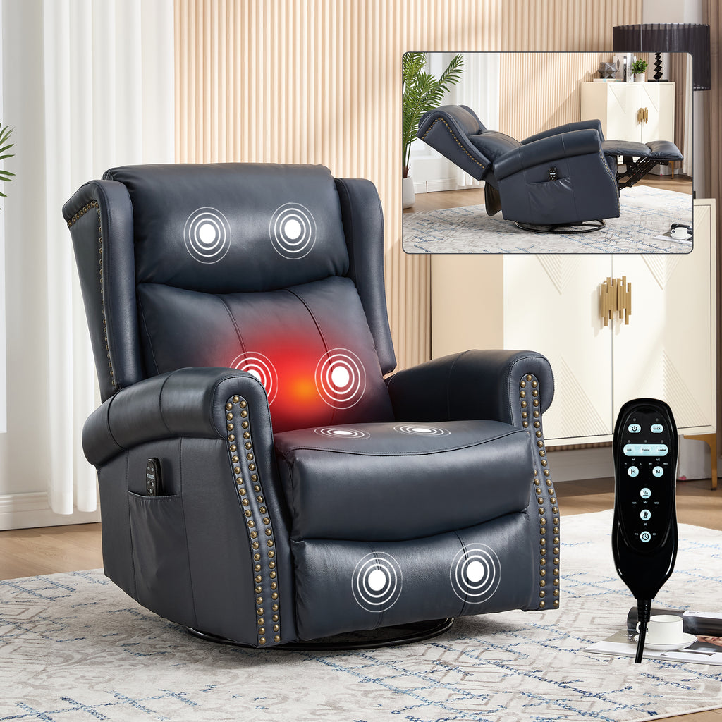 Heat Massage Manual Recliner Chair with Rocker and Swivel in Genuine leather for Living Room, Blue - Grand Goldman Shop