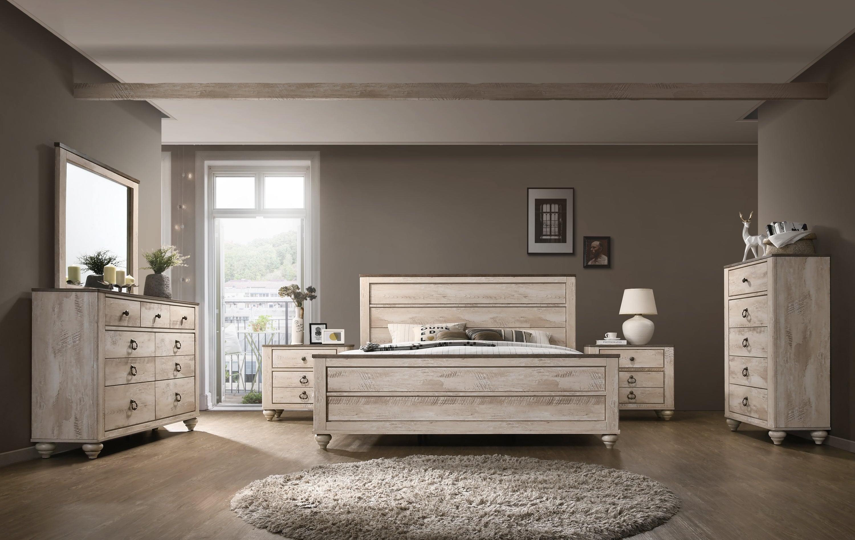 Imerland Contemporary White Wash Finish Bedroom 6-piece Set, King Bed, Dresser, Mirror, 2 Nightstands, Chest - Grand Goldman Shop