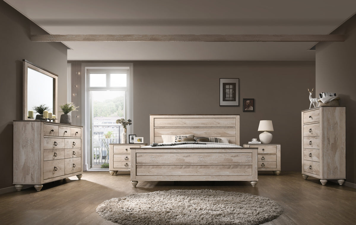 Imerland Contemporary White Wash Finish Bedroom 6-piece Set, Queen Bed, Dresser, Mirror, 2 Nightstands, Chest - Grand Goldman Shop