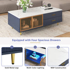 Modern Navy Blue Coffee Table with 2 Glass Door Storage, 4 Drawers, Gold Metal Legs, and Multi-Color Lighting in 47.2'' - Grand Goldman Shop