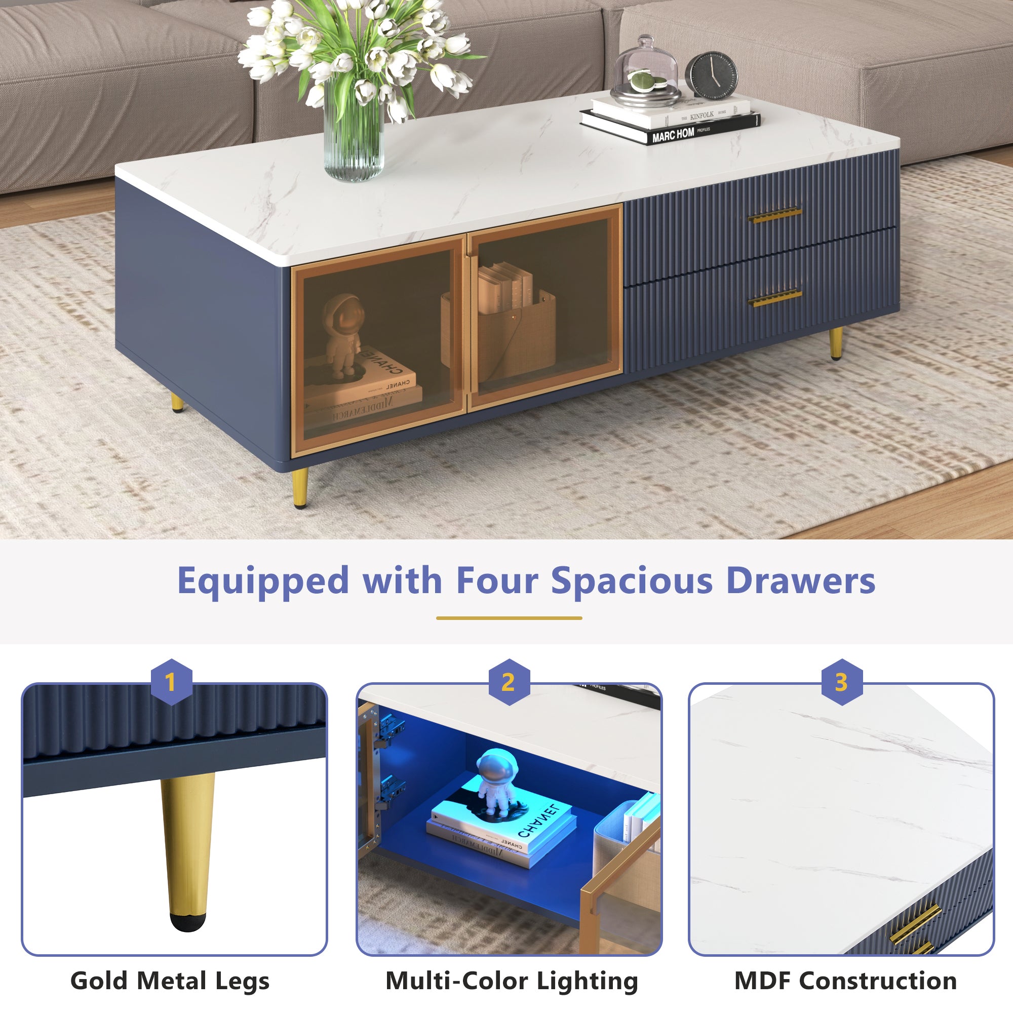 Modern Navy Blue Coffee Table with 2 Glass Door Storage, 4 Drawers, Gold Metal Legs, and Multi-Color Lighting in 47.2'' - Grand Goldman Shop