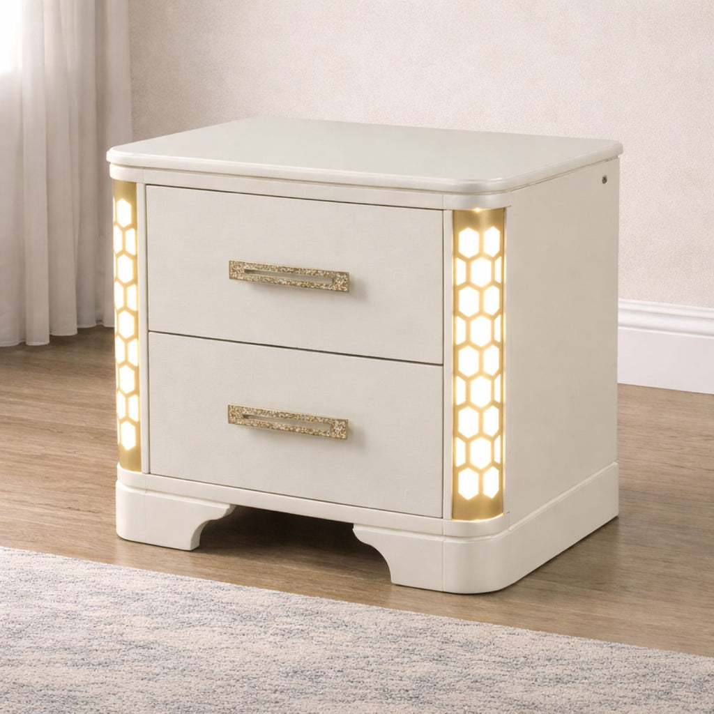 Jasmine Queen 5 Pc LED Bedroom Set in Beige made with Wood and Gold Accents - Grand Goldman Shop