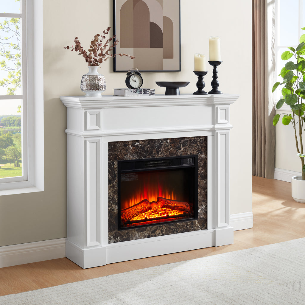 Electric Fireplace with Mantel, Fireplace Mantel, Fireplace Heater Freestanding, Realistic Stacked Stone Surround with Remote Control Timer LED Flame, White, 45.66'W*11.8'D*40'H - Grand Goldman Shop