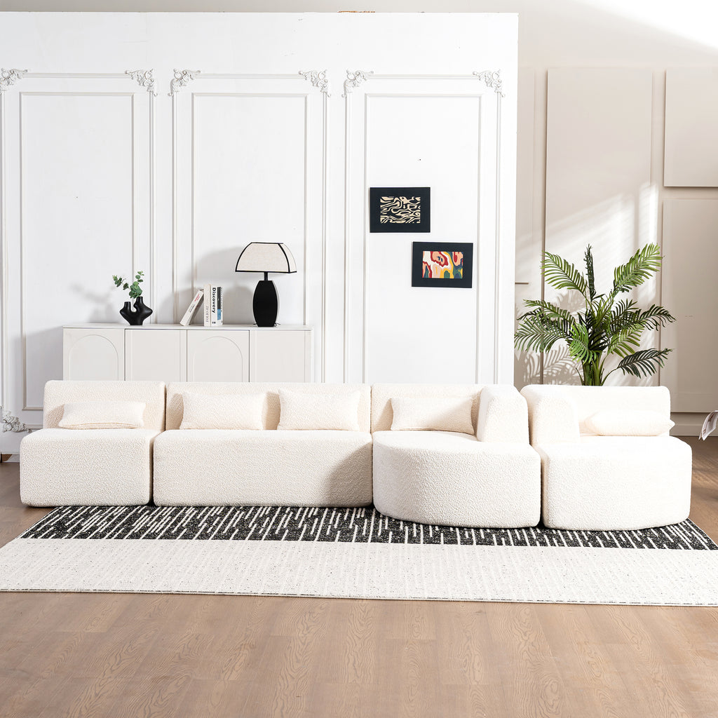 Modern Upholstered L-Shape Sofa with Chaise Lounge and Back Pillows, Beige Boucle Fabric, 144 inches - Grand Goldman Shop