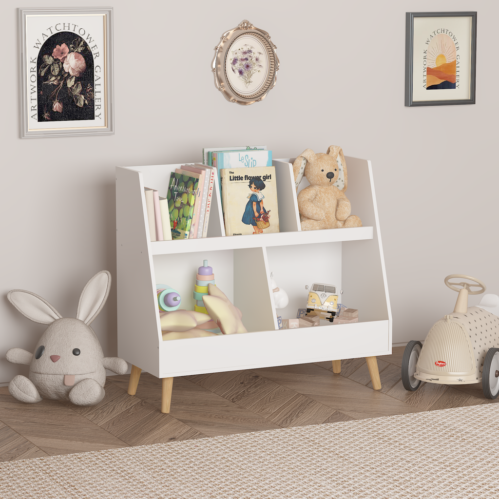 Modern Kids Bookshelf and Toy Organizer with 5 Cubbies, 2-Tier Wooden Open Bookcase, White MDF and Pine Legs - Grand Goldman