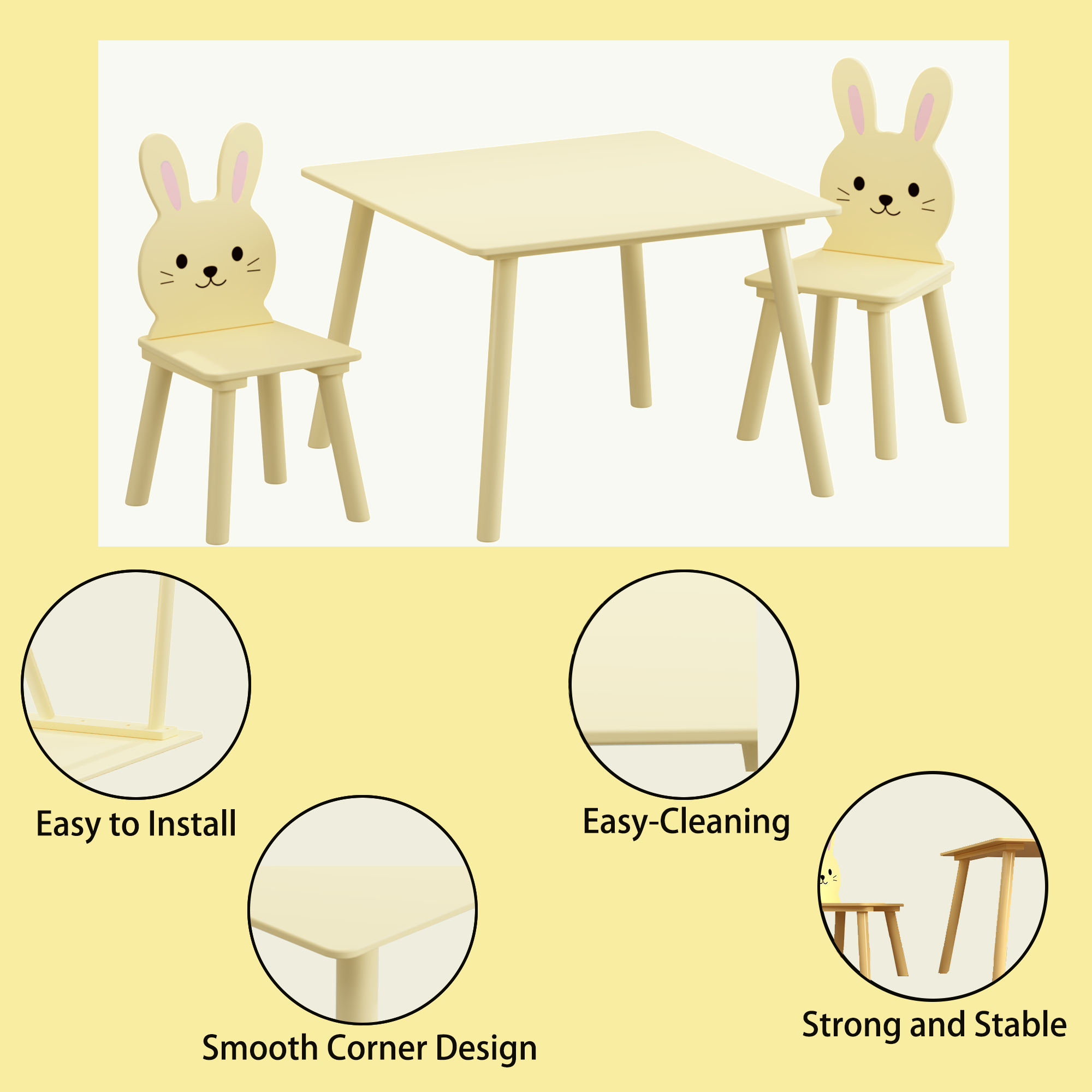 Kids Table and Chair Set with 2 Bunny Chairs, Children's Wooden Activity Table for Toddlers, Cute Animal Design Study Play Se
