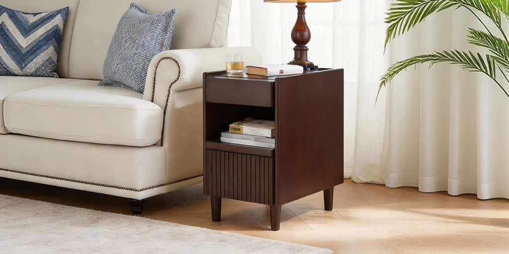 Wooden Bedside Table  with 1 Drawer Open Shelves, Wood Board Side Tables Storage Small Narrow Desk Chest of Drawer, Lamp Stand Nightstand Cabinet, Bedroom Living Room Home Furniture - Grand Goldman Shop