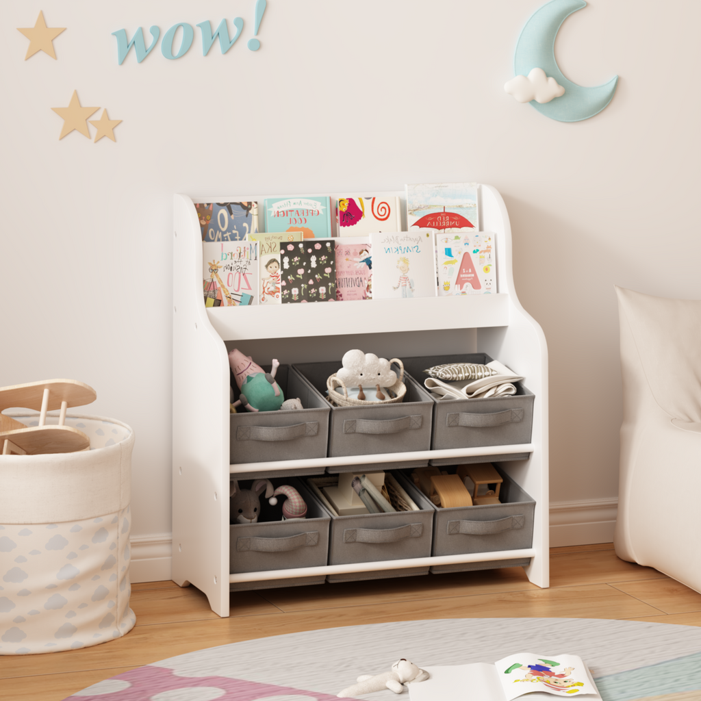 Kids Bookshelf with 6 Fabric Storage Bins, Multi-Functional Children's Bookcase and Toy Organizer, Front-Facing Display Shelf