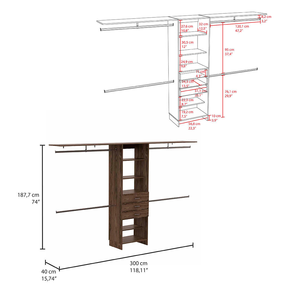 Plego 69'W - 118'W Drawers Closet System, Five Shelves, Four Hanging Rods, Three Drawers -Dark Walnut - Grand Goldman Shop